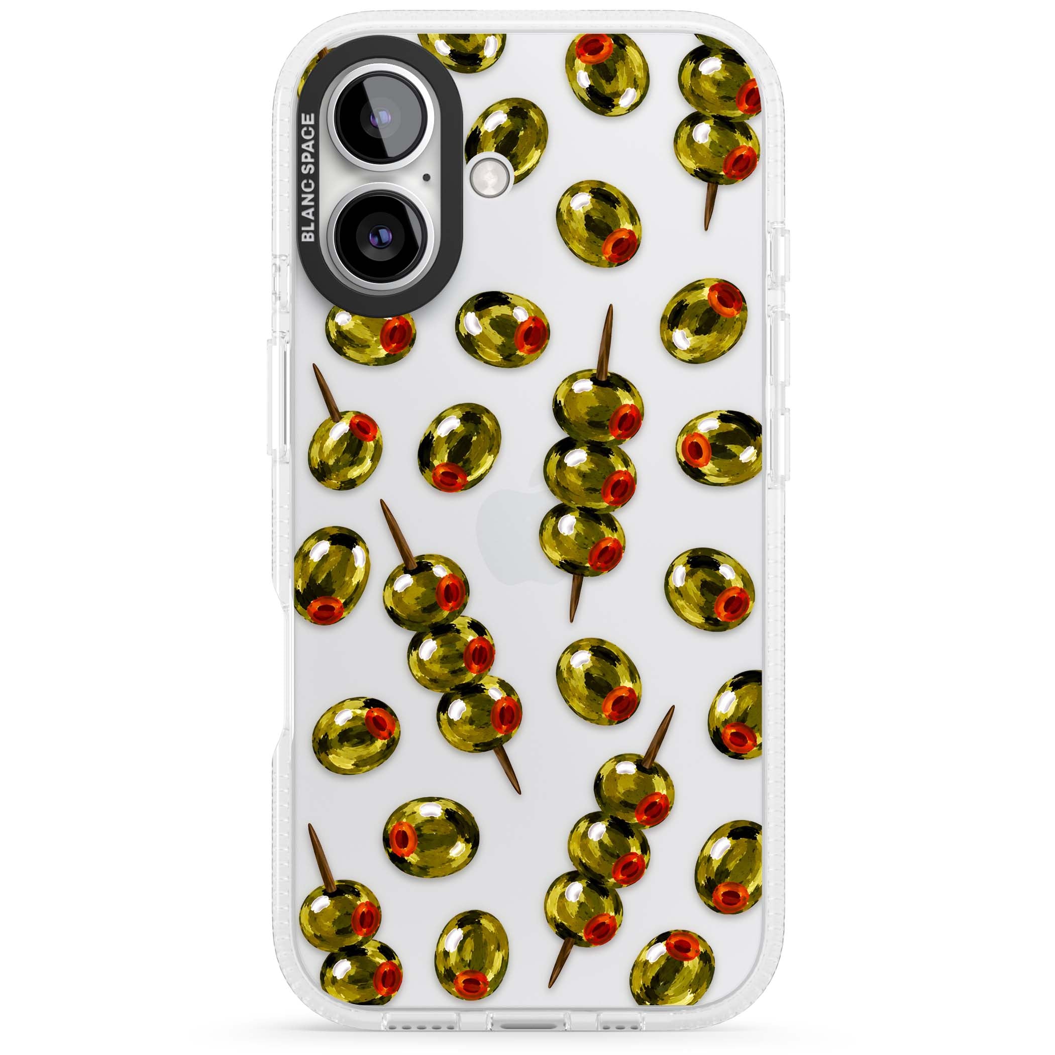 Painted Olives cocktail iPhone case featuring green olives, pimento centres and toothpick skewers on a clear background | Clear Case Impact Air case for iPhone 16, iPhone 16 Plus