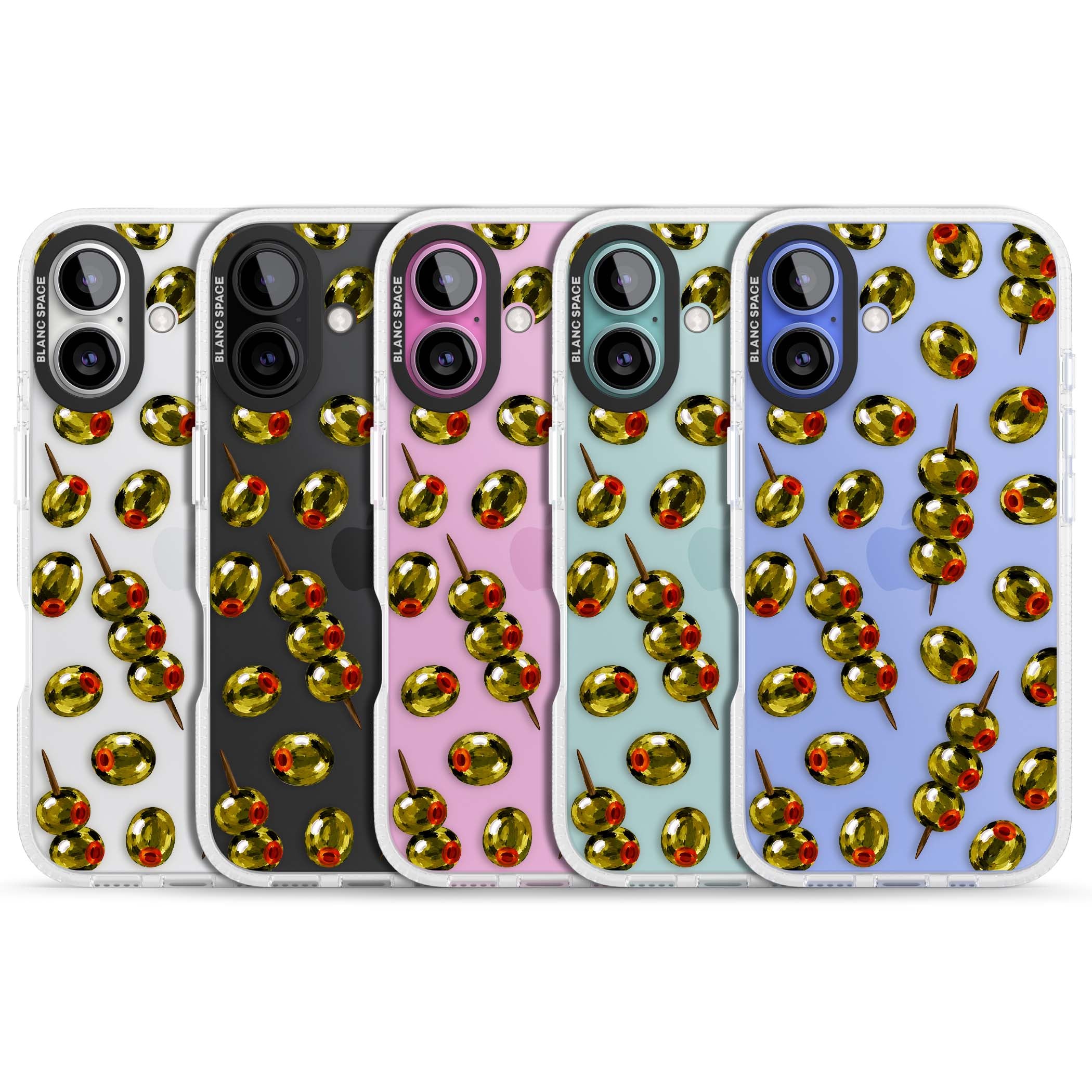 Painted Olives cocktail iPhone case featuring green olives, pimento centres and toothpick skewers on a clear background | Clear Case Impact Air case for iPhone 16, iPhone 16 Plus