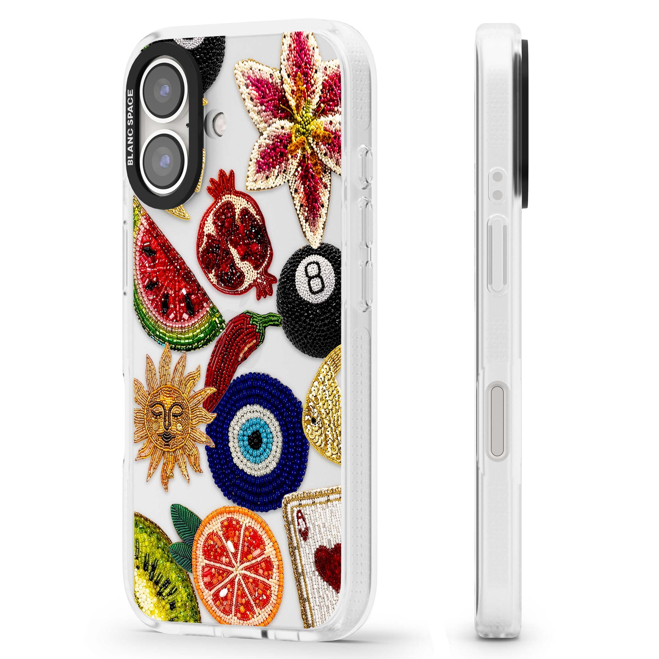Beaded Charms embroidery iPhone case featuring beaded evil eye, fruit patches and a golden sun motif | Clear Case Impact Air case for iPhone 16, iPhone 16 Plus