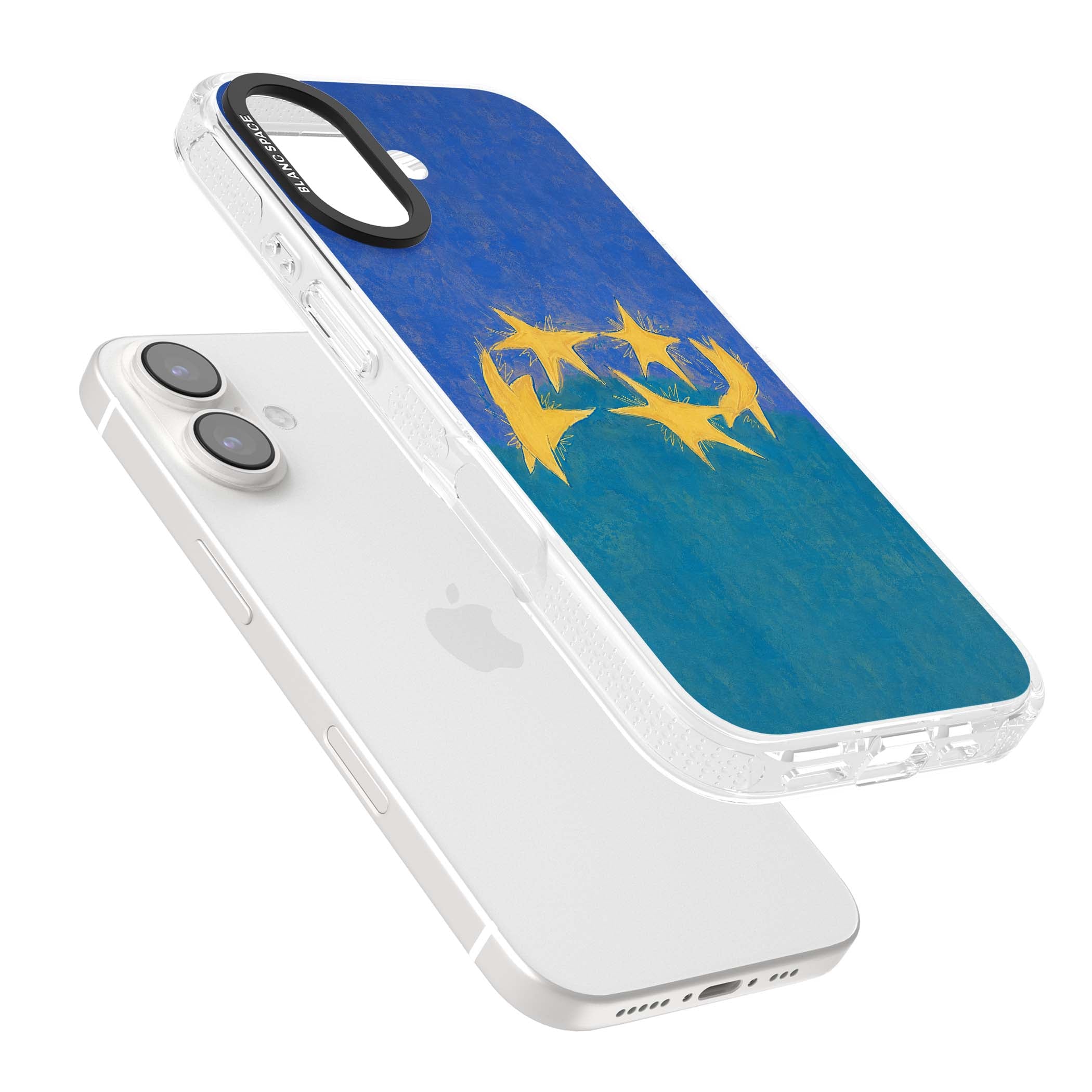 Star Boogie stars aesthetic iPhone case featuring five yellow hand-painted stars on cobalt blue and teal | Clear Case Impact Air case for iPhone 16, iPhone 16 Plus