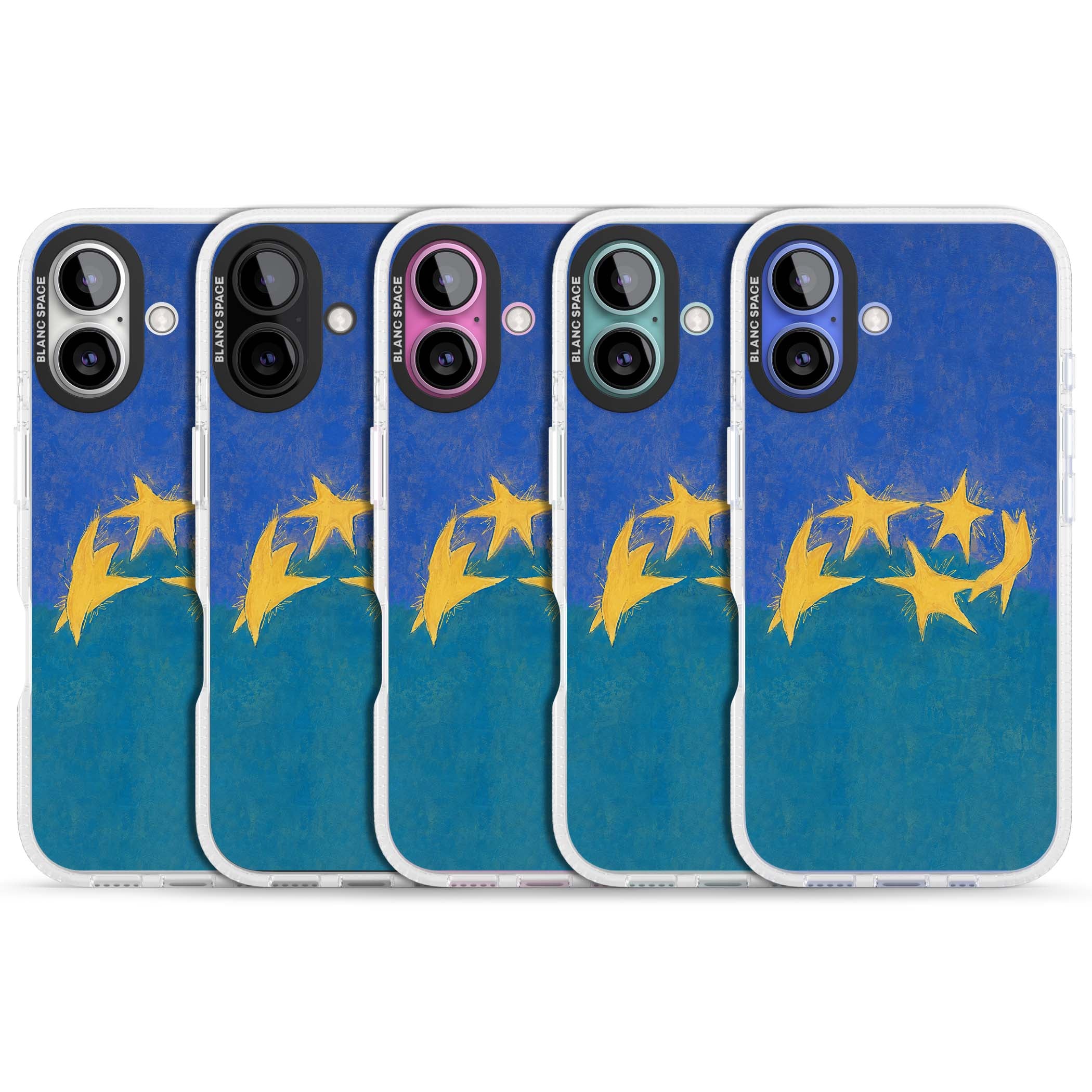 Star Boogie stars aesthetic iPhone case featuring five yellow hand-painted stars on cobalt blue and teal | Clear Case Impact Air case for iPhone 16, iPhone 16 Plus