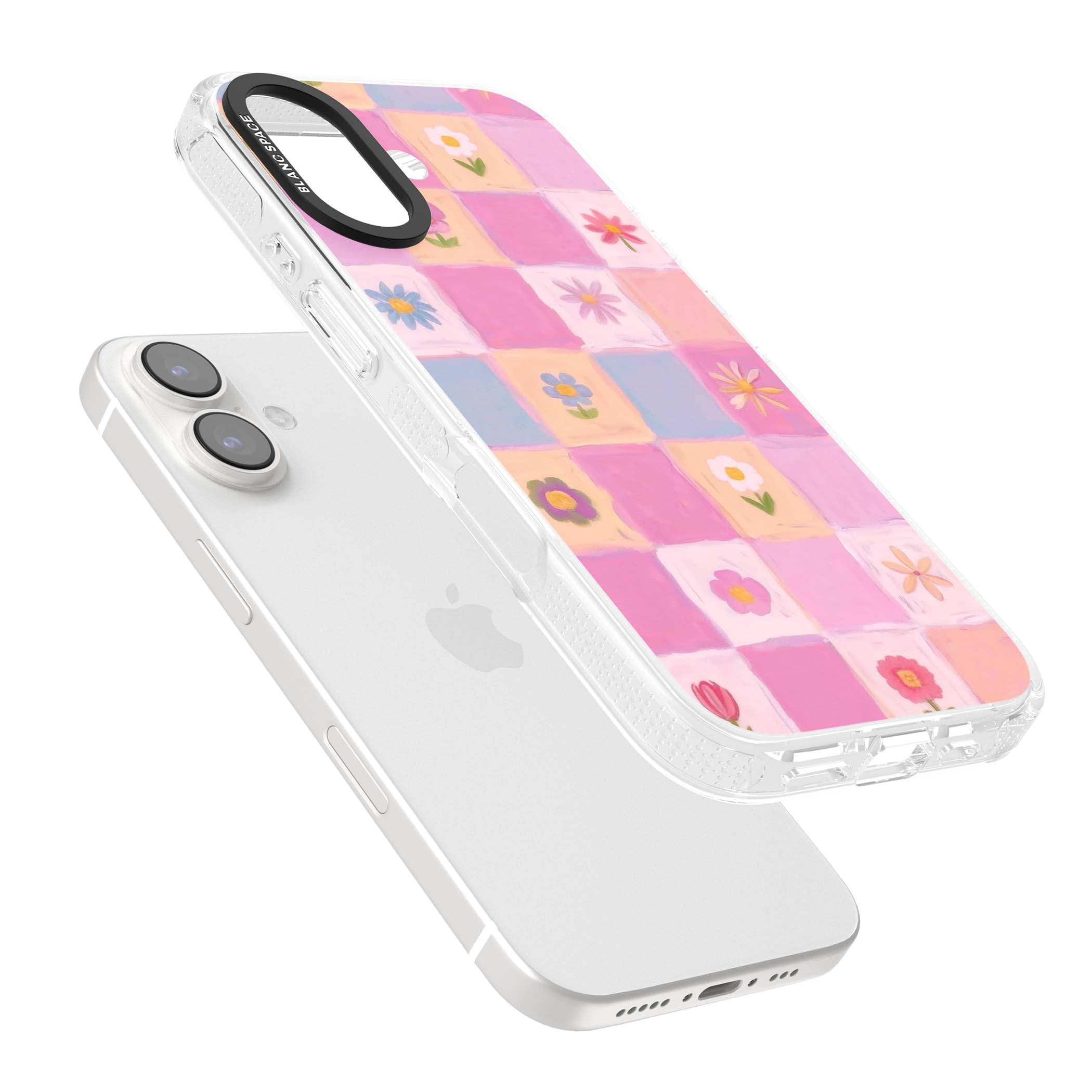 Pastel Flower Patchwork cottagecore iPhone case featuring painted pink and lilac squares with daisies and wildflowers | Clear Case Impact Air case for iPhone 16, iPhone 16 Plus