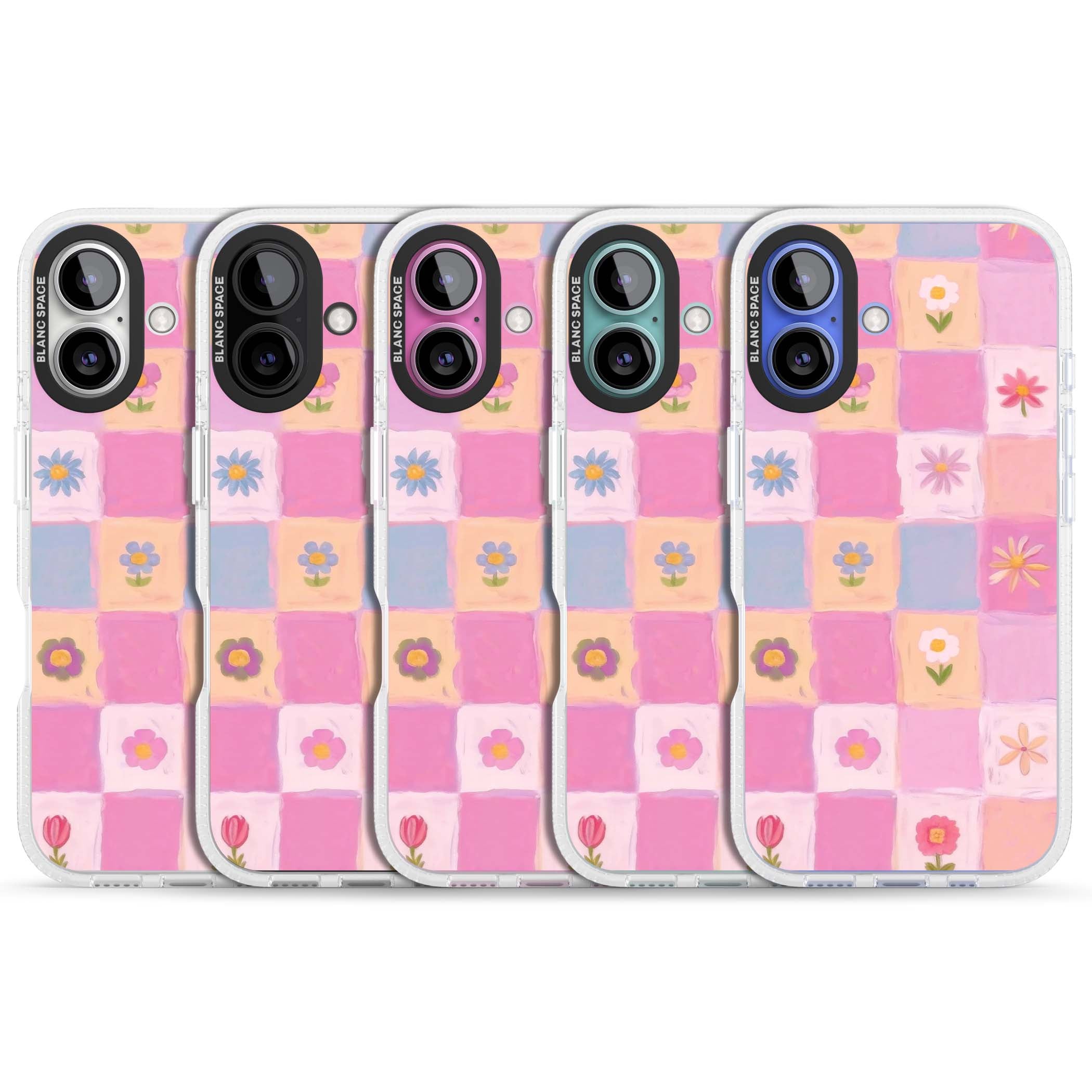 Pastel Flower Patchwork cottagecore iPhone case featuring painted pink and lilac squares with daisies and wildflowers | Clear Case Impact Air case for iPhone 16, iPhone 16 Plus