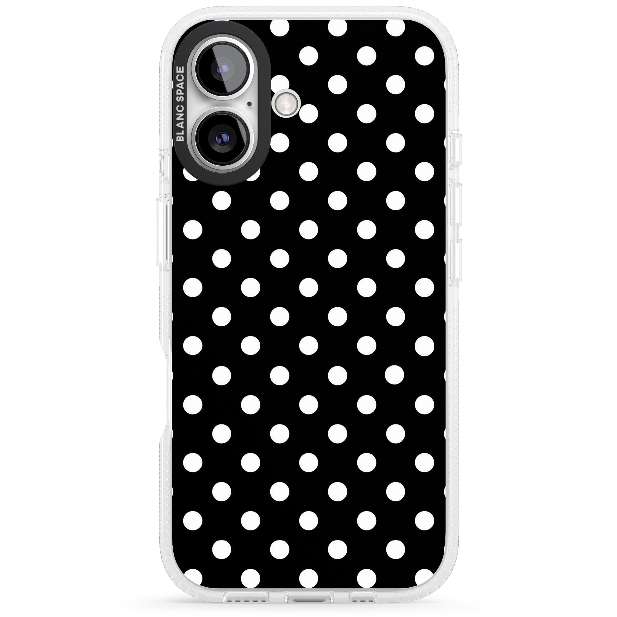 Designer Chic Black Polka Dot iPhone 16 / 16 Plus Clear Case Impact Air - Blanc Space