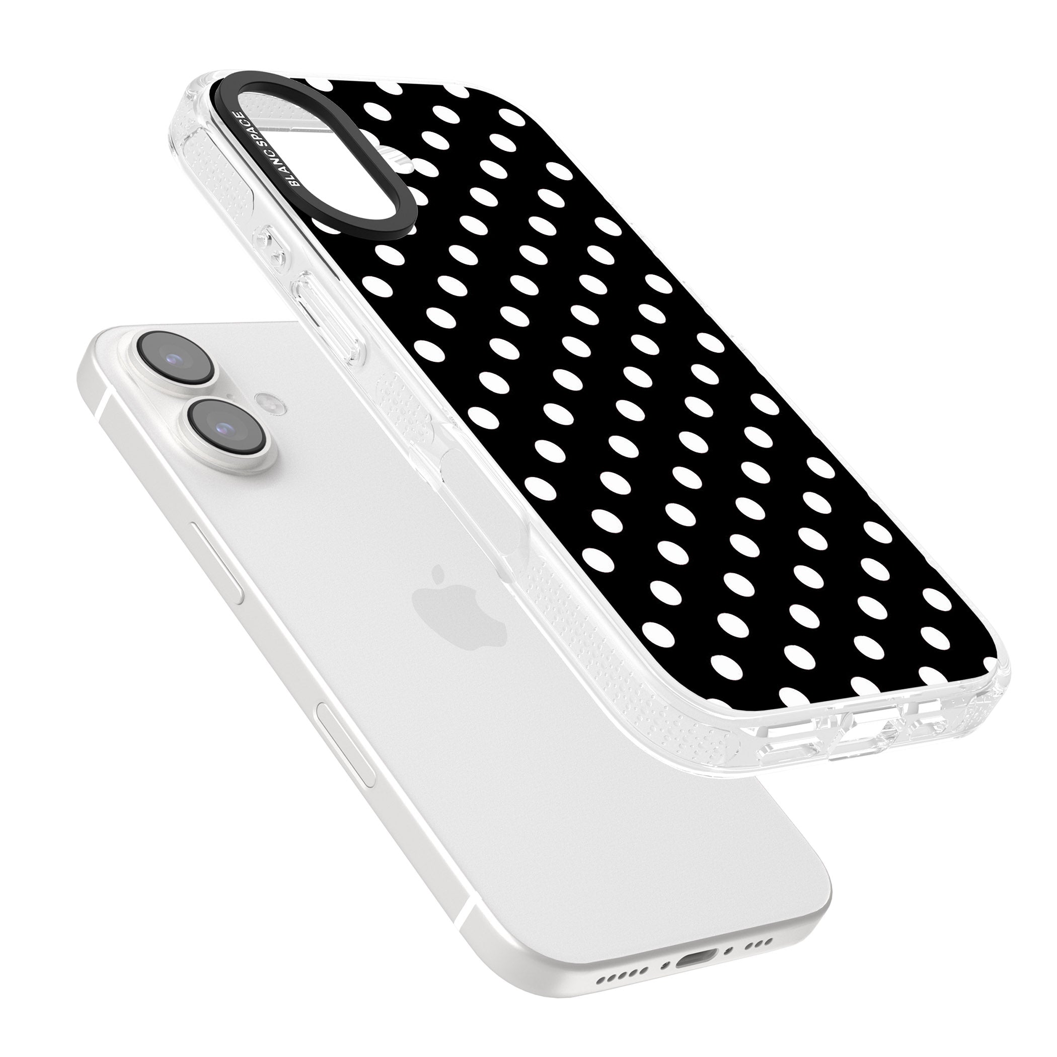 Designer Chic Black Polka Dot iPhone 16 / 16 Plus Clear Case Impact Air - Blanc Space