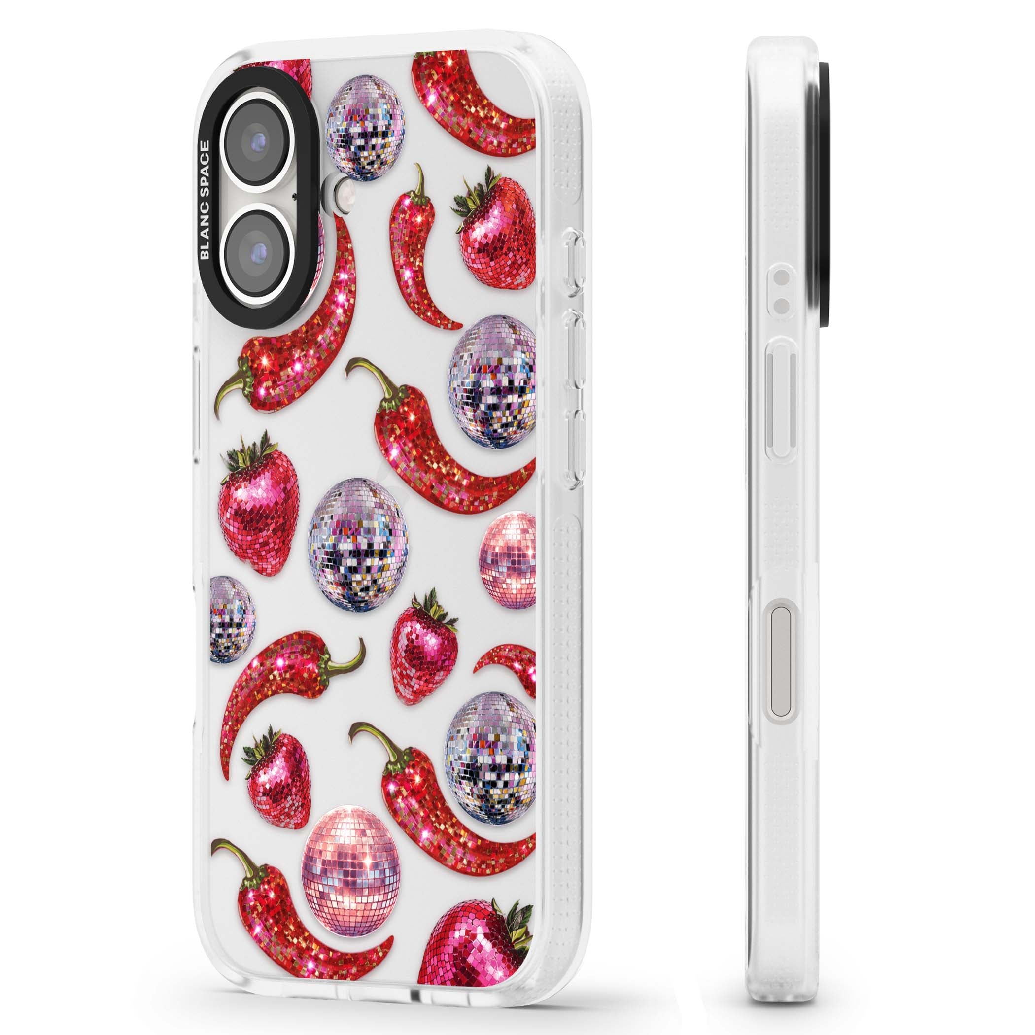 Spicy Disco Y2K iPhone case featuring glitter disco balls, sparkly strawberries and red chilli peppers | Clear Case Impact Air case for iPhone 16, iPhone 16 Plus