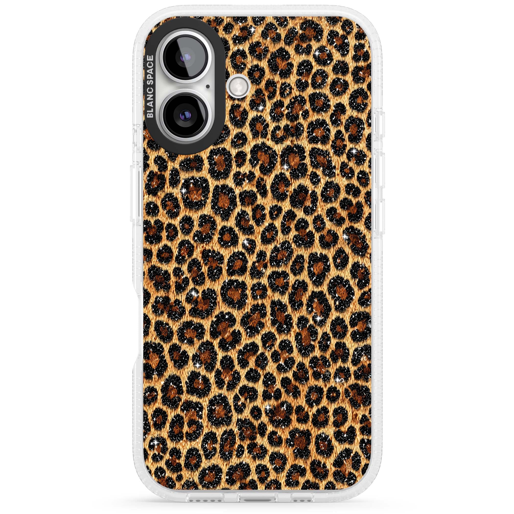 Diamond Leopard leopard print iPhone case featuring golden tan fur, black rosette spots and subtle glitter sparkle | Clear Case Impact Air case for iPhone 16, iPhone 16 Plus