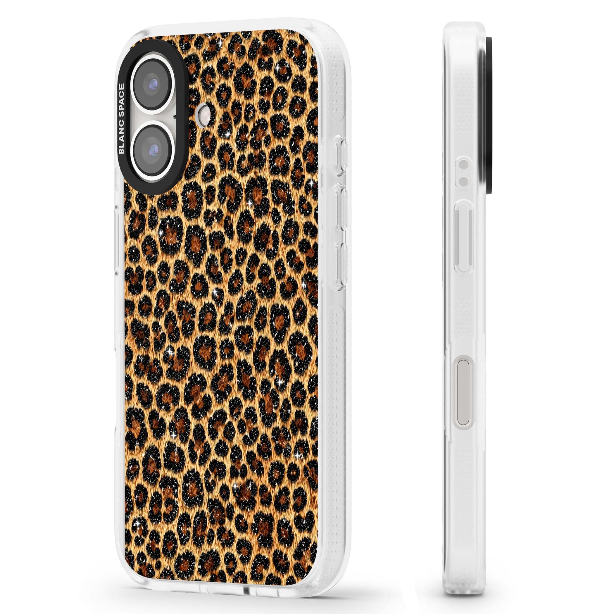 Diamond Leopard leopard print iPhone case featuring golden tan fur, black rosette spots and subtle glitter sparkle | Clear Case Impact Air case for iPhone 16, iPhone 16 Plus