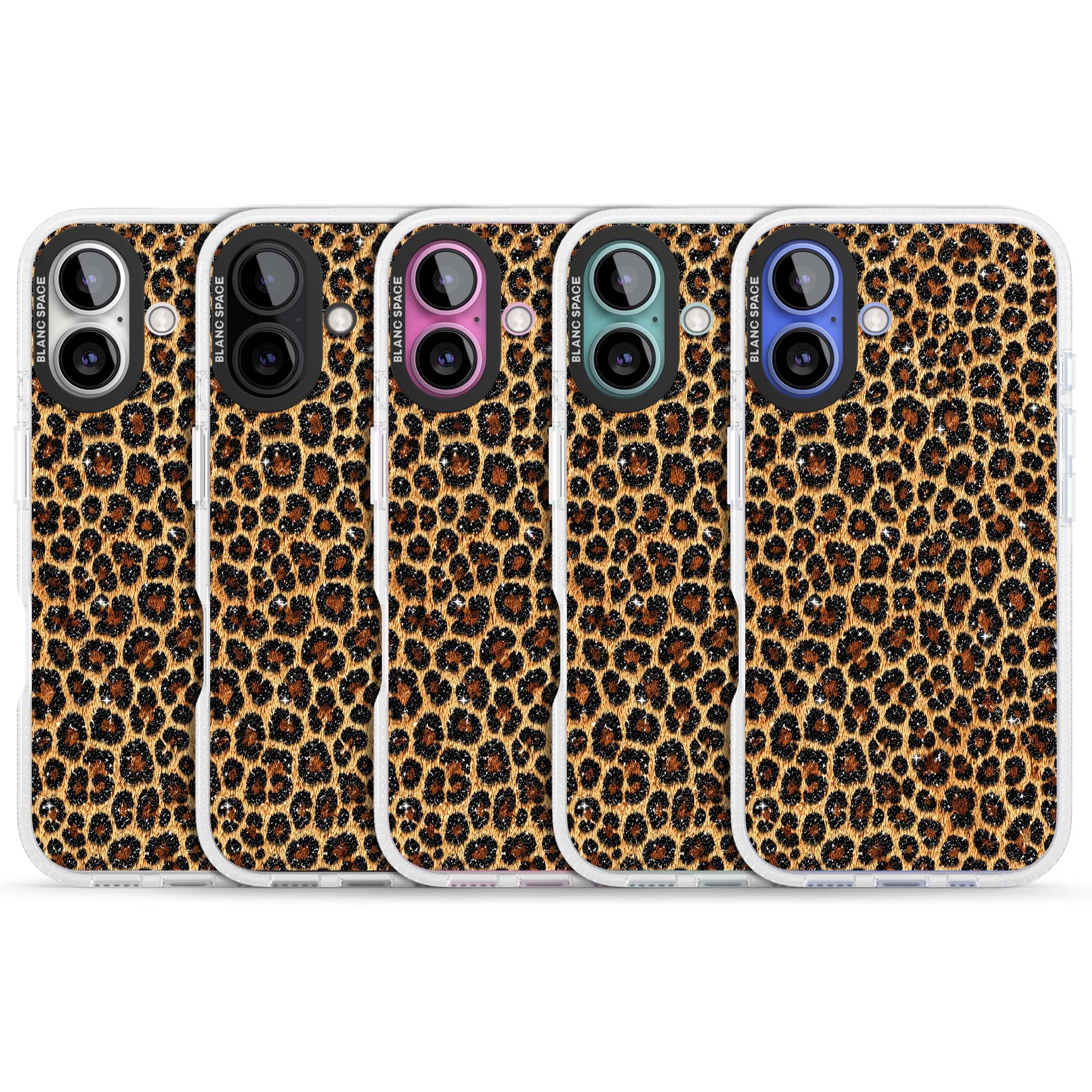 Diamond Leopard leopard print iPhone case featuring golden tan fur, black rosette spots and subtle glitter sparkle | Clear Case Impact Air case for iPhone 16, iPhone 16 Plus