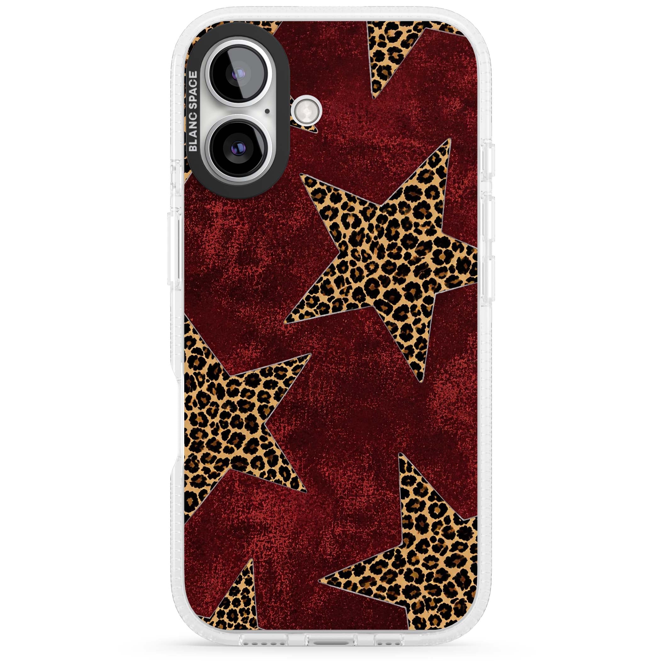 Showgirl leopard print iPhone case featuring cheetah print stars on distressed red grunge background | Clear Case Impact Air case for iPhone 16, iPhone 16 Plus