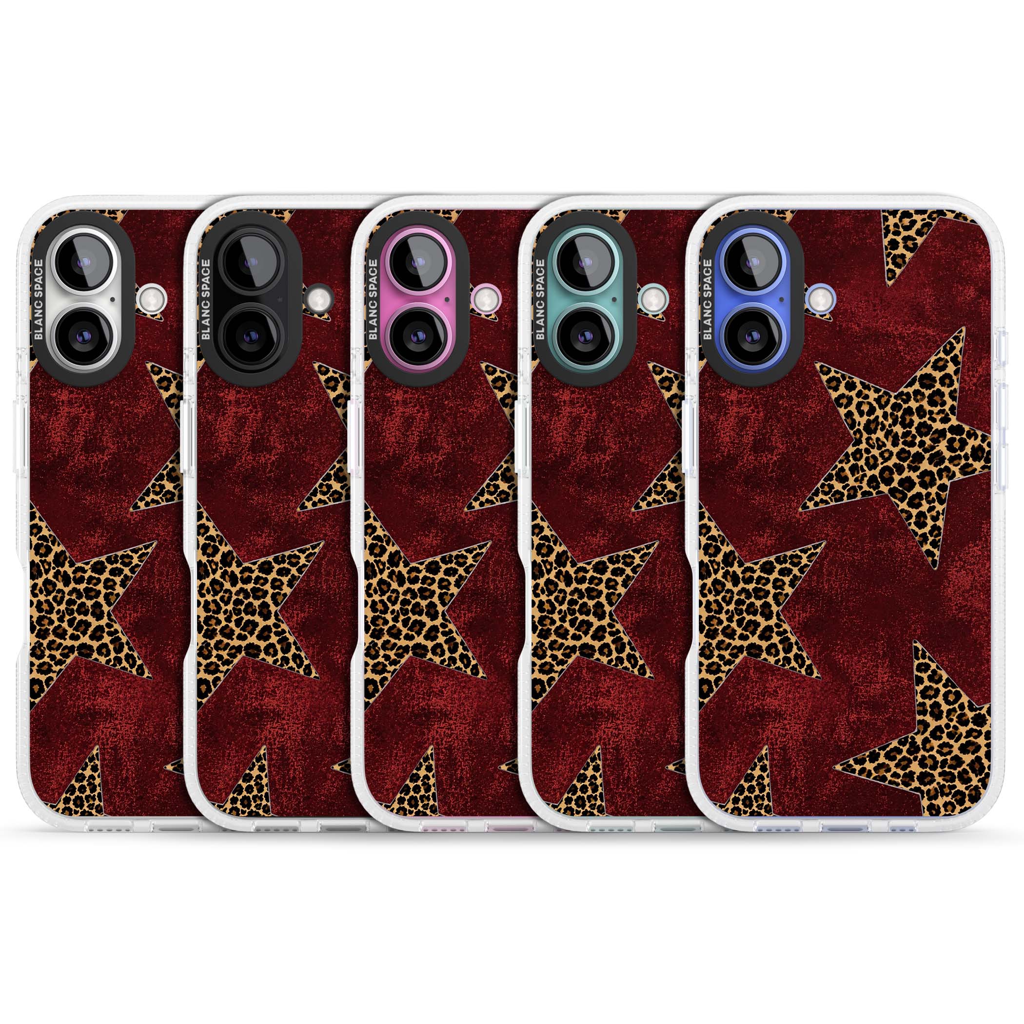 Showgirl leopard print iPhone case featuring cheetah print stars on distressed red grunge background | Clear Case Impact Air case for iPhone 16, iPhone 16 Plus
