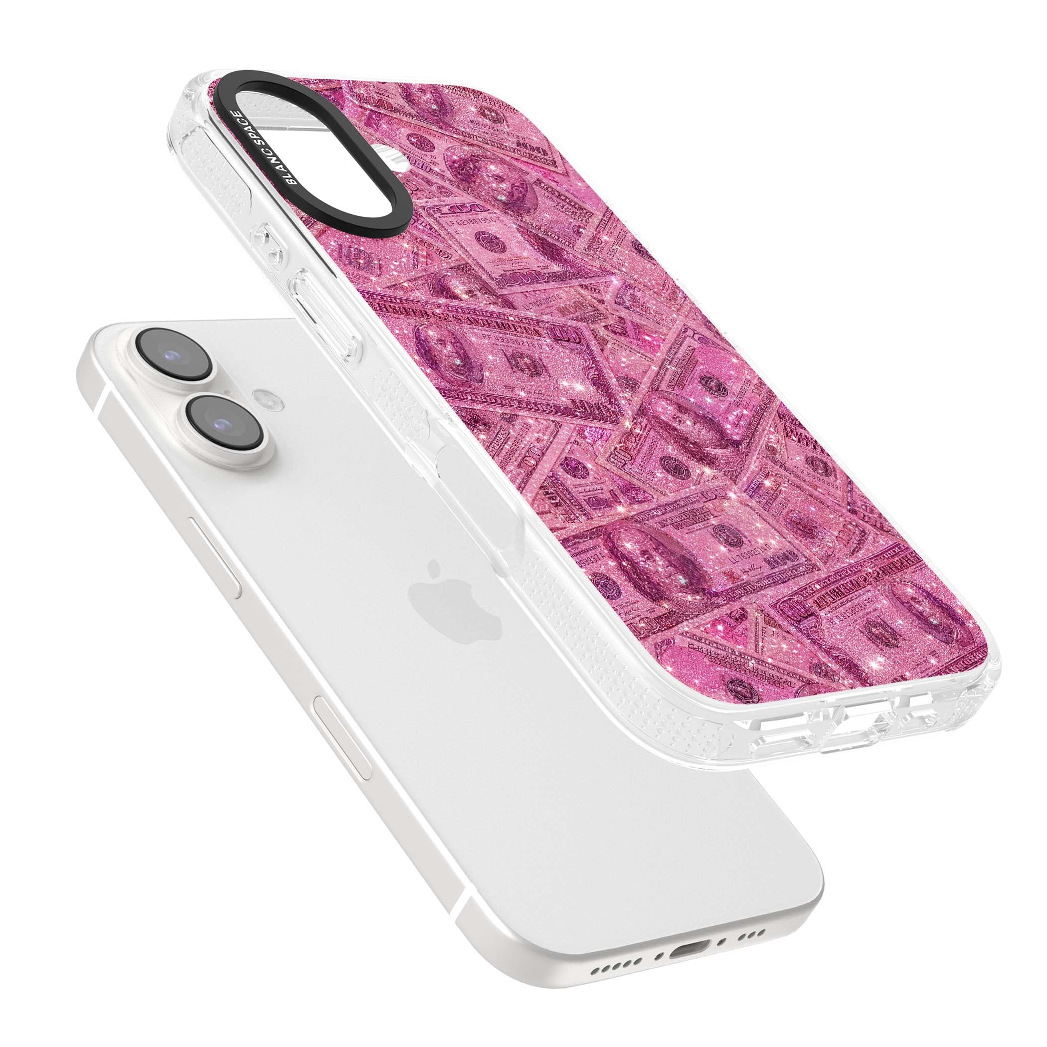 Glamorous baddie iPhone case featuring pink glitter hundred dollar bills and sparkling money wallpaper design | Clear Case Impact Air case for iPhone 16, iPhone 16 Plus