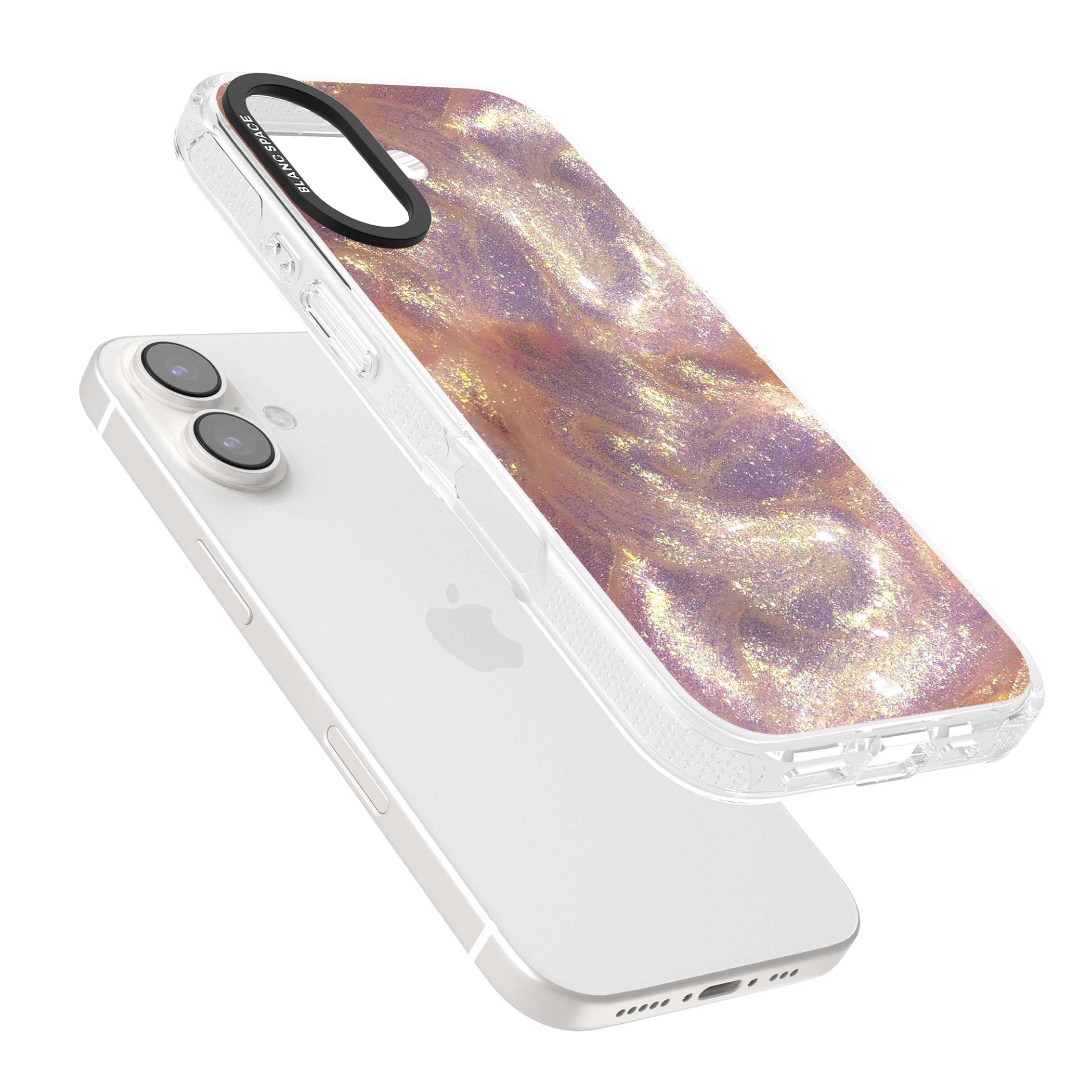 Shimmer marble iPhone case featuring rose gold glitter swirls, lilac shimmer and iridescent pearl finish | Clear Case Impact Air case for iPhone 16, iPhone 16 Plus