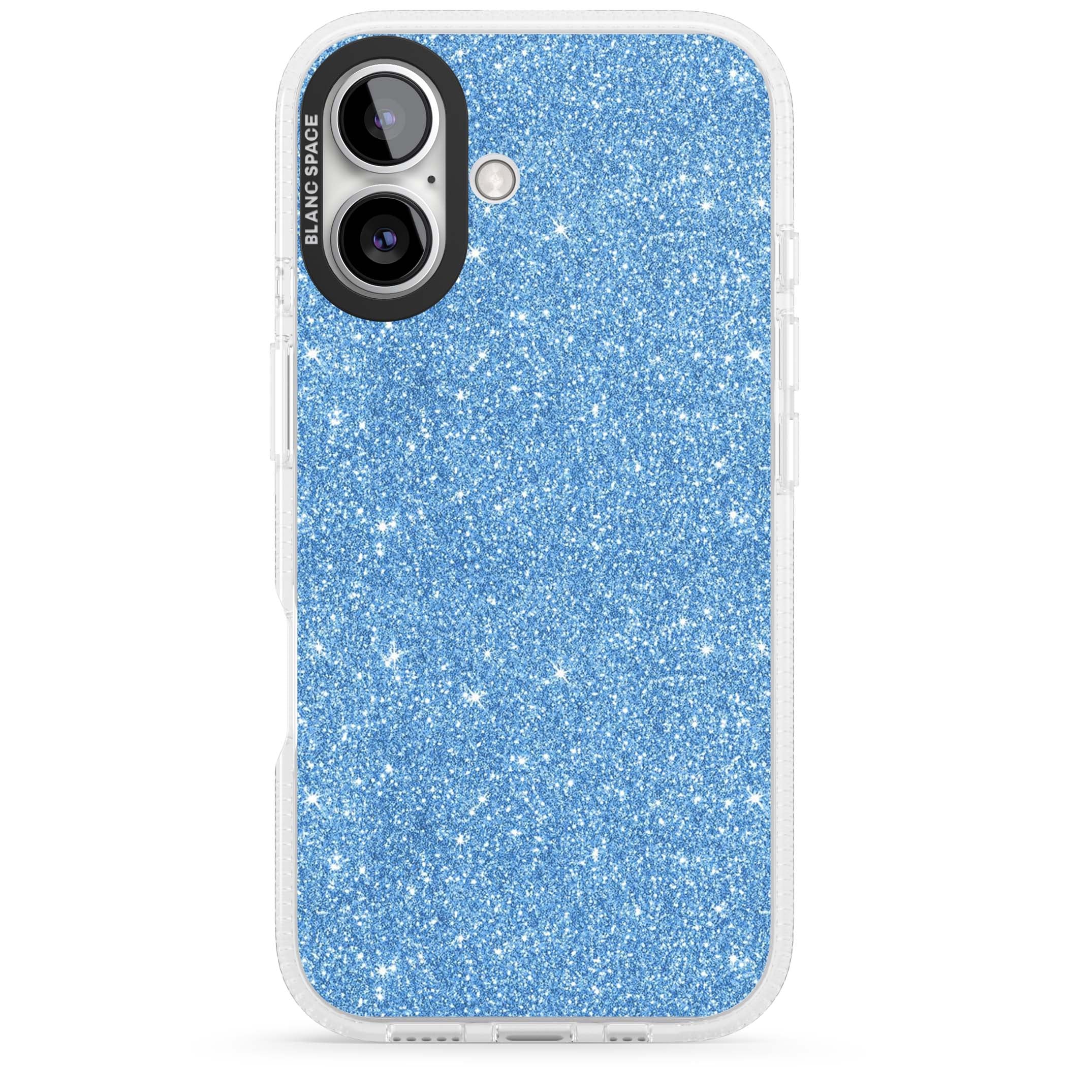 Blue Glitter blue glitter iPhone case featuring dense sparkling cerulean glitter with a glamorous shimmering finish | Clear Case Impact Air case for iPhone 16, iPhone 16 Plus