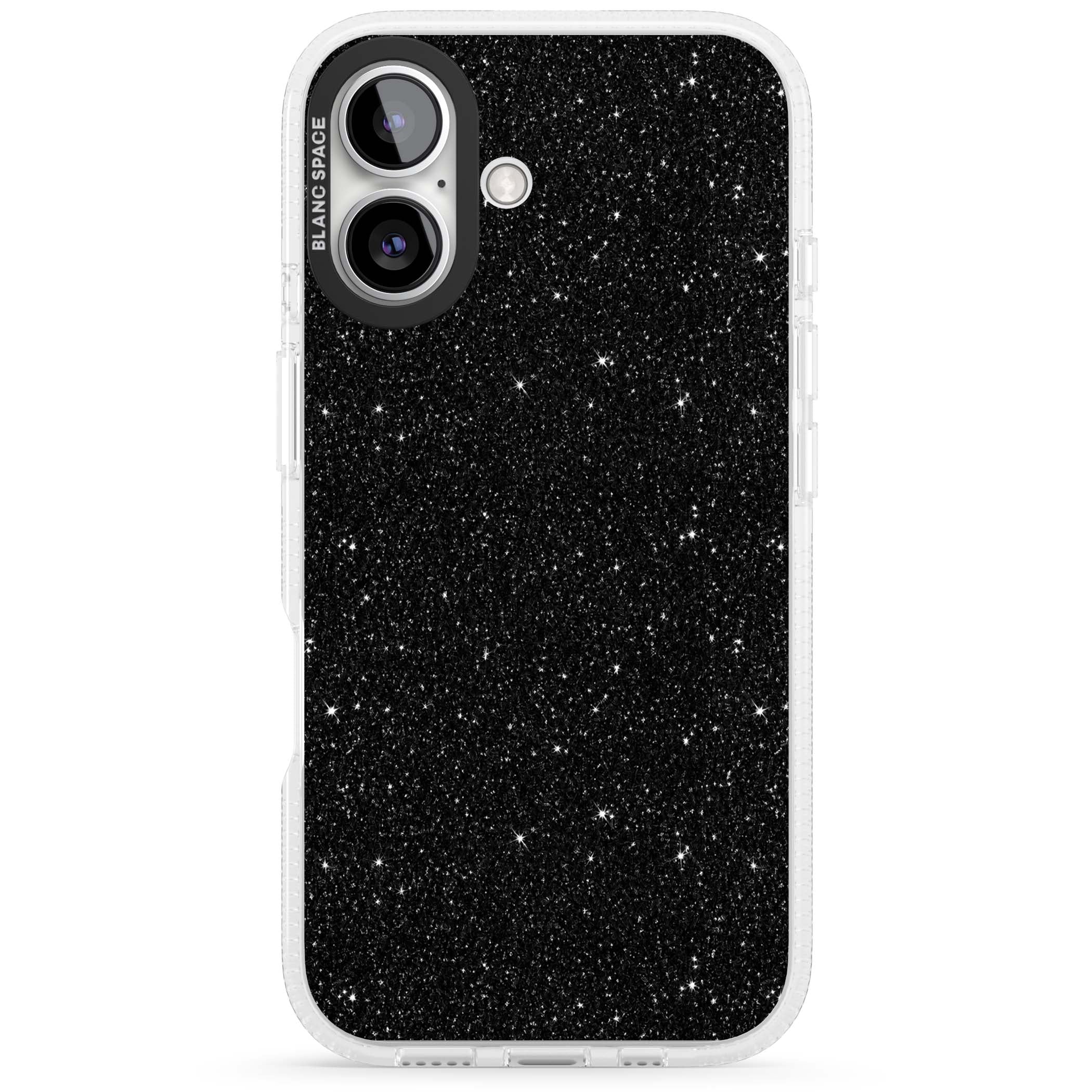 Black Glitter black glitter iPhone case featuring an all-over sparkly shimmer pattern on a jet black base | Clear Case Impact Air case for iPhone 16, iPhone 16 Plus