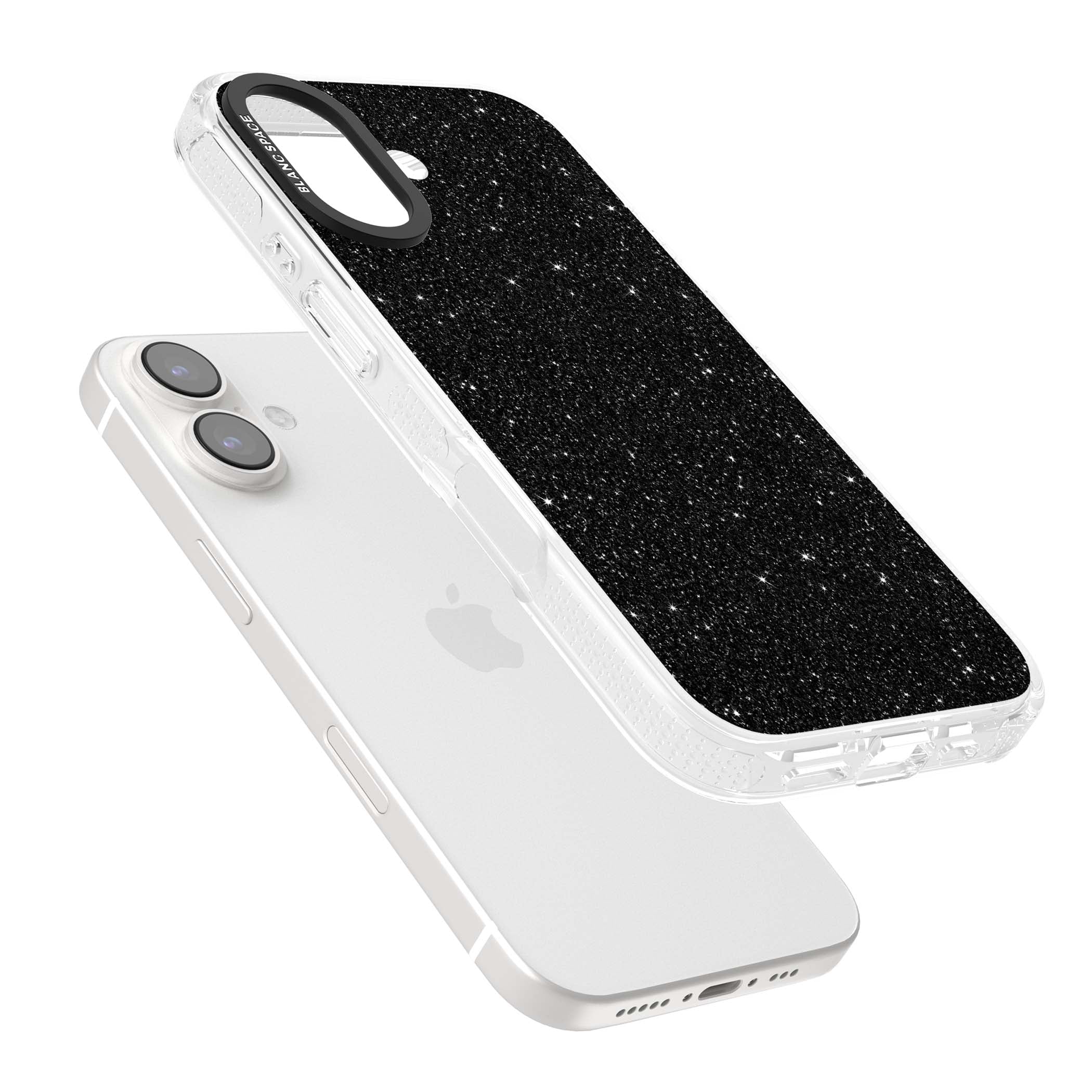 Black Glitter black glitter iPhone case featuring an all-over sparkly shimmer pattern on a jet black base | Clear Case Impact Air case for iPhone 16, iPhone 16 Plus