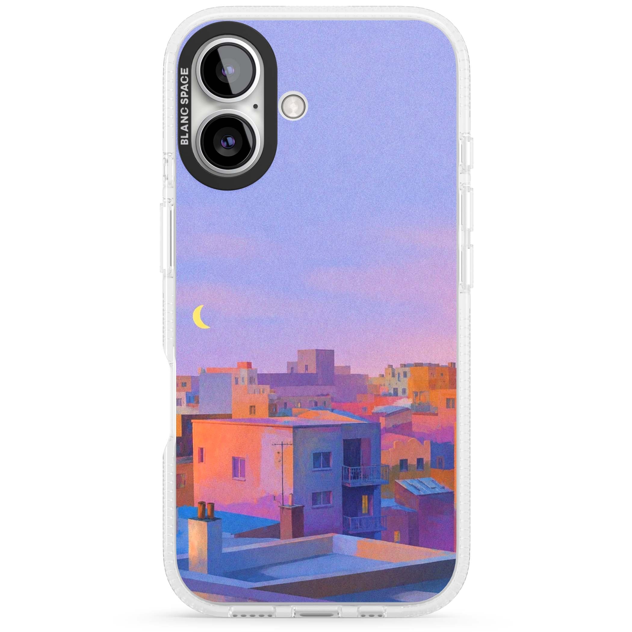 Twilight Rooftops vaporwave iPhone case featuring a pastel sunset cityscape, painted rooftops and a crescent moon. | Clear Case Impact Air case for iPhone 16, iPhone 16 Plus