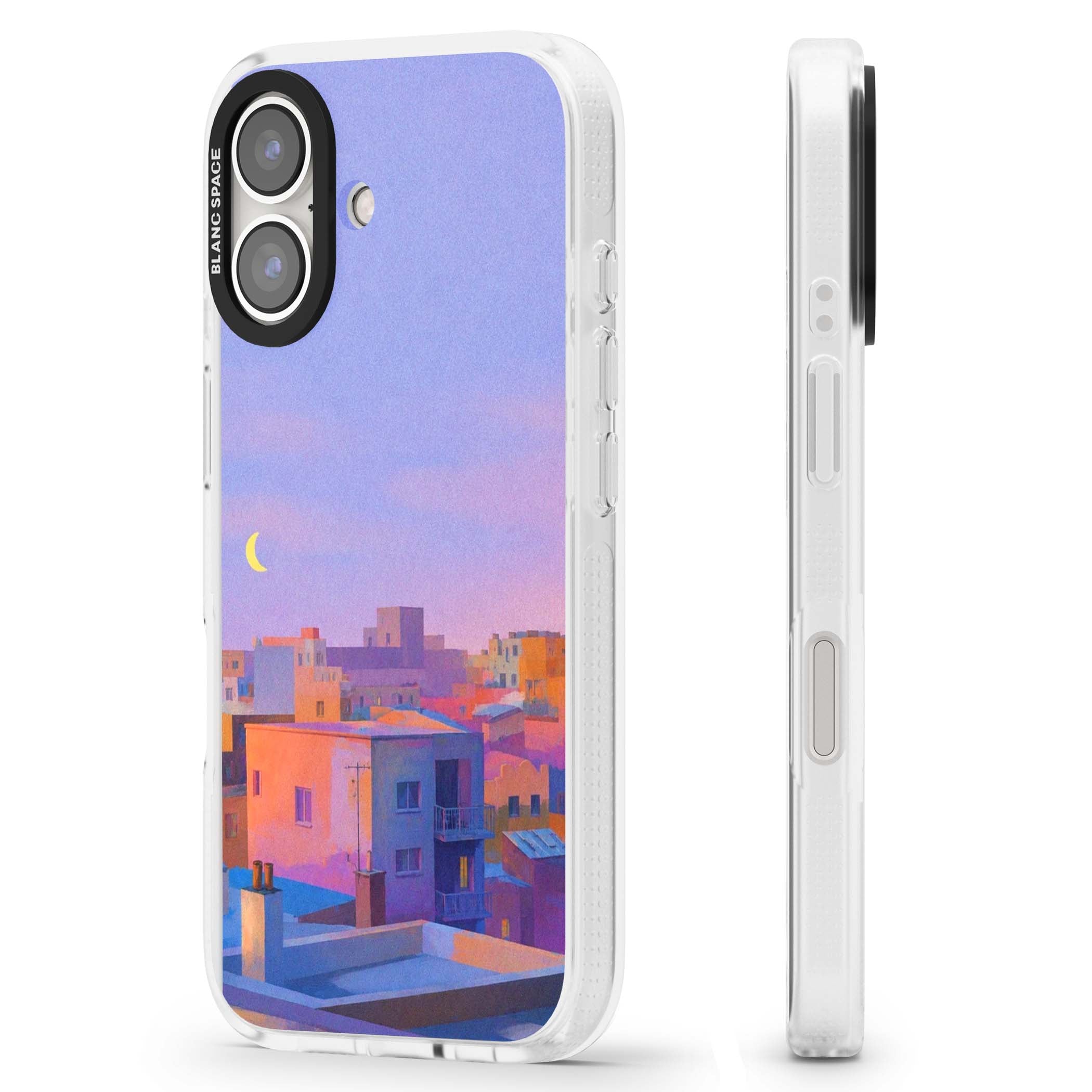 Twilight Rooftops vaporwave iPhone case featuring a pastel sunset cityscape, painted rooftops and a crescent moon. | Clear Case Impact Air case for iPhone 16, iPhone 16 Plus