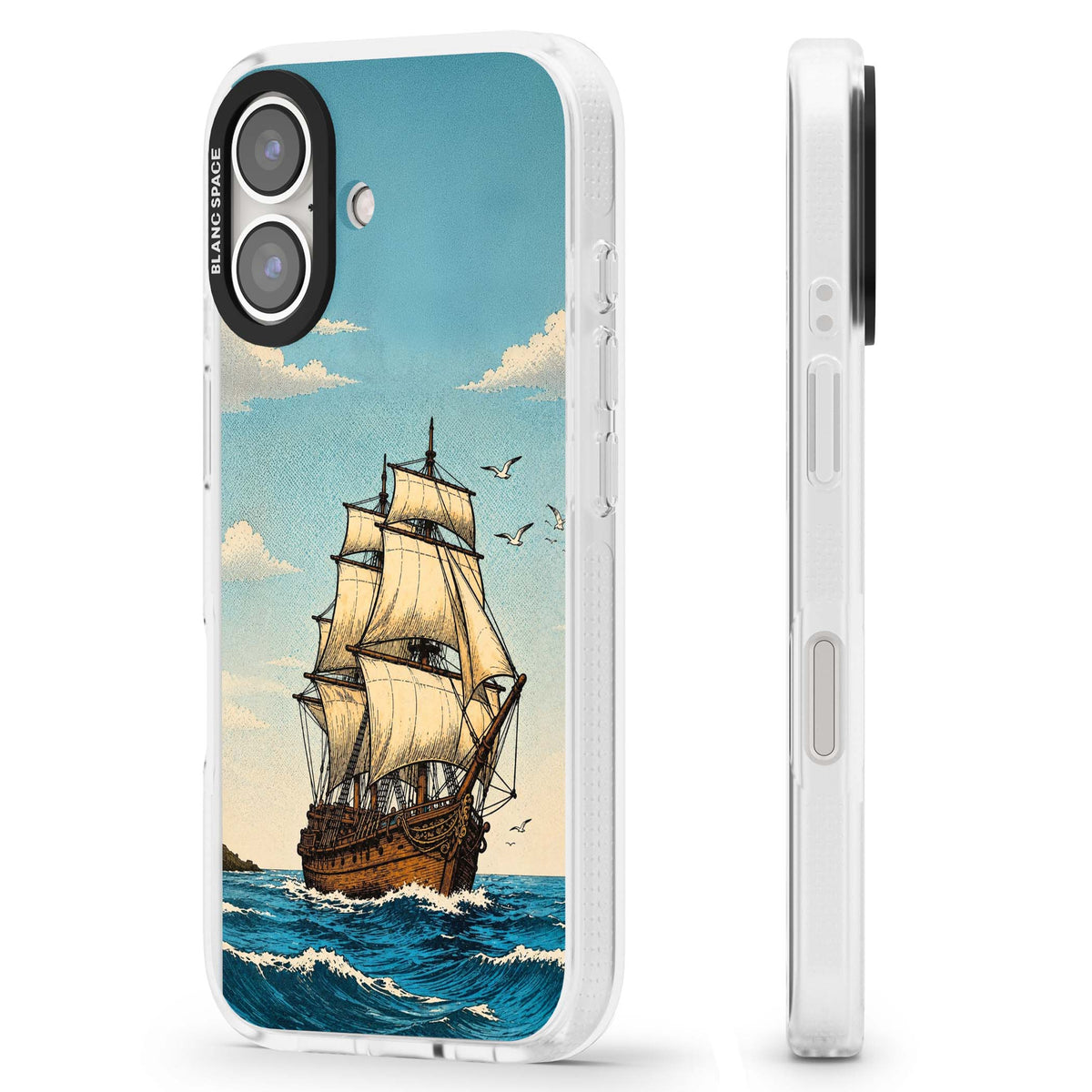 Ship at Sea nautical iPhone case featuring a vintage tall ship, ocean waves and seagulls | Clear Case Impact Air case for iPhone 16, iPhone 16 Plus