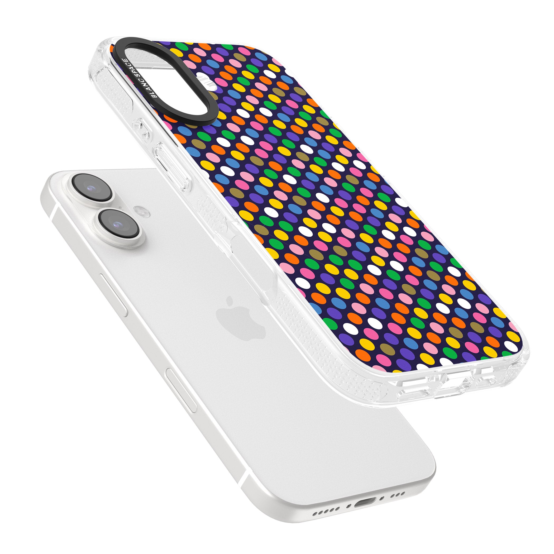 Multicolour Polka-dot Fiesta (Purple) iPhone 16 / 16 Plus Clear Case Impact Air - Blanc Space