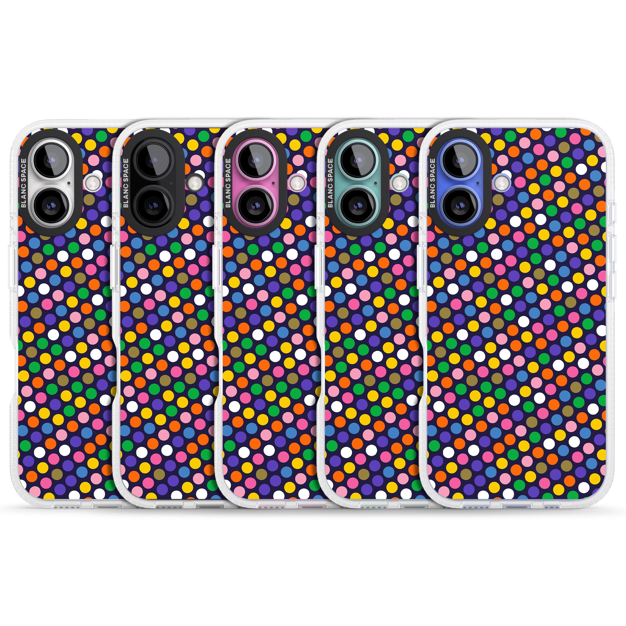 Multicolour Polka-dot Fiesta (Purple) iPhone 16 / 16 Plus Clear Case Impact Air - Blanc Space