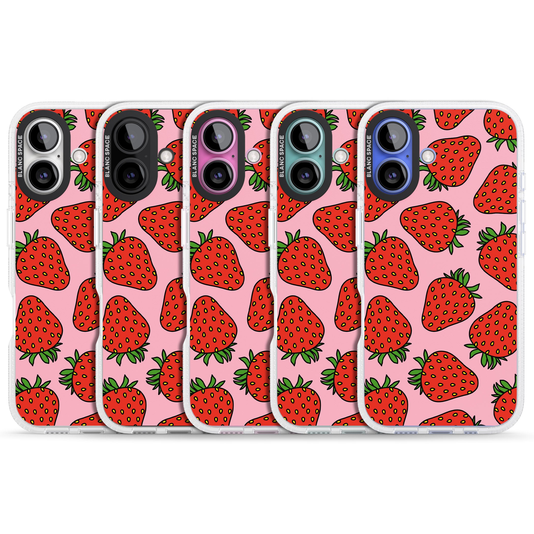 Strawberry Pattern (Pink) iPhone 16 / 16 Plus Clear Case Impact Air - Blanc Space