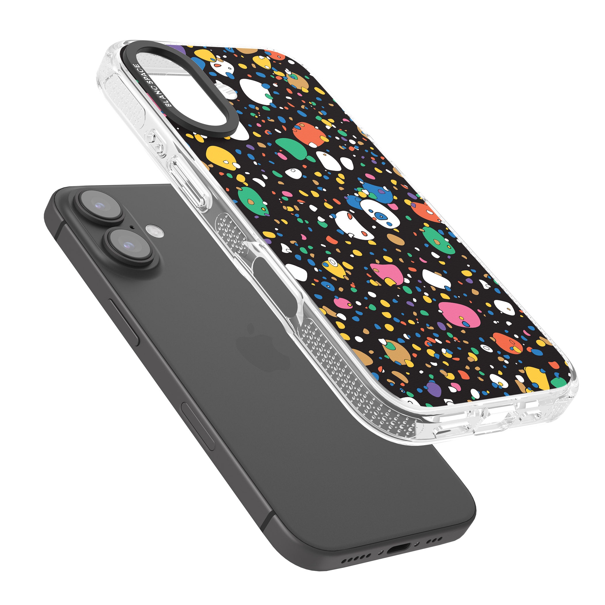 Colourful Confetti Pebbles (Black) iPhone 16 / 16 Plus Clear Case Impact Air - Blanc Space