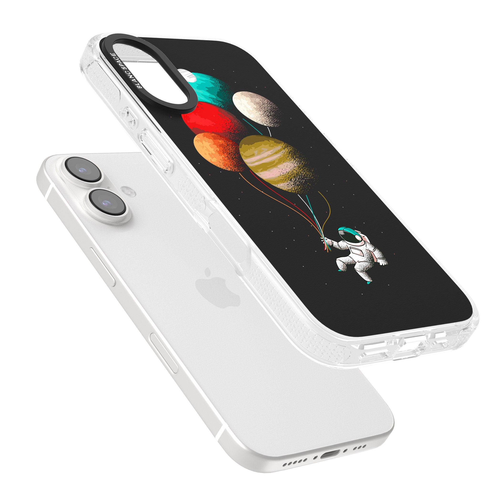 Astronaut Balloon Planets iPhone 16 / 16 Plus Clear Case Impact Air - Blanc Space
