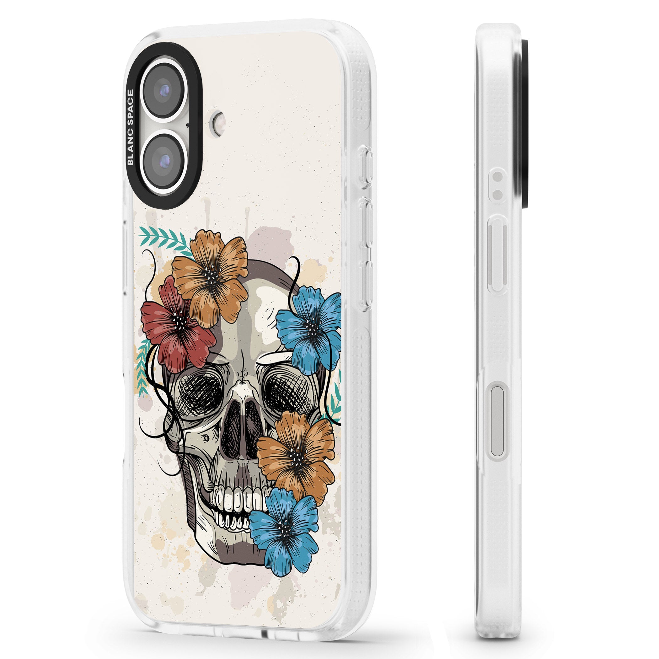 Sugar Skull Floral iPhone 16 / 16 Plus Clear Case Impact Air - Blanc Space