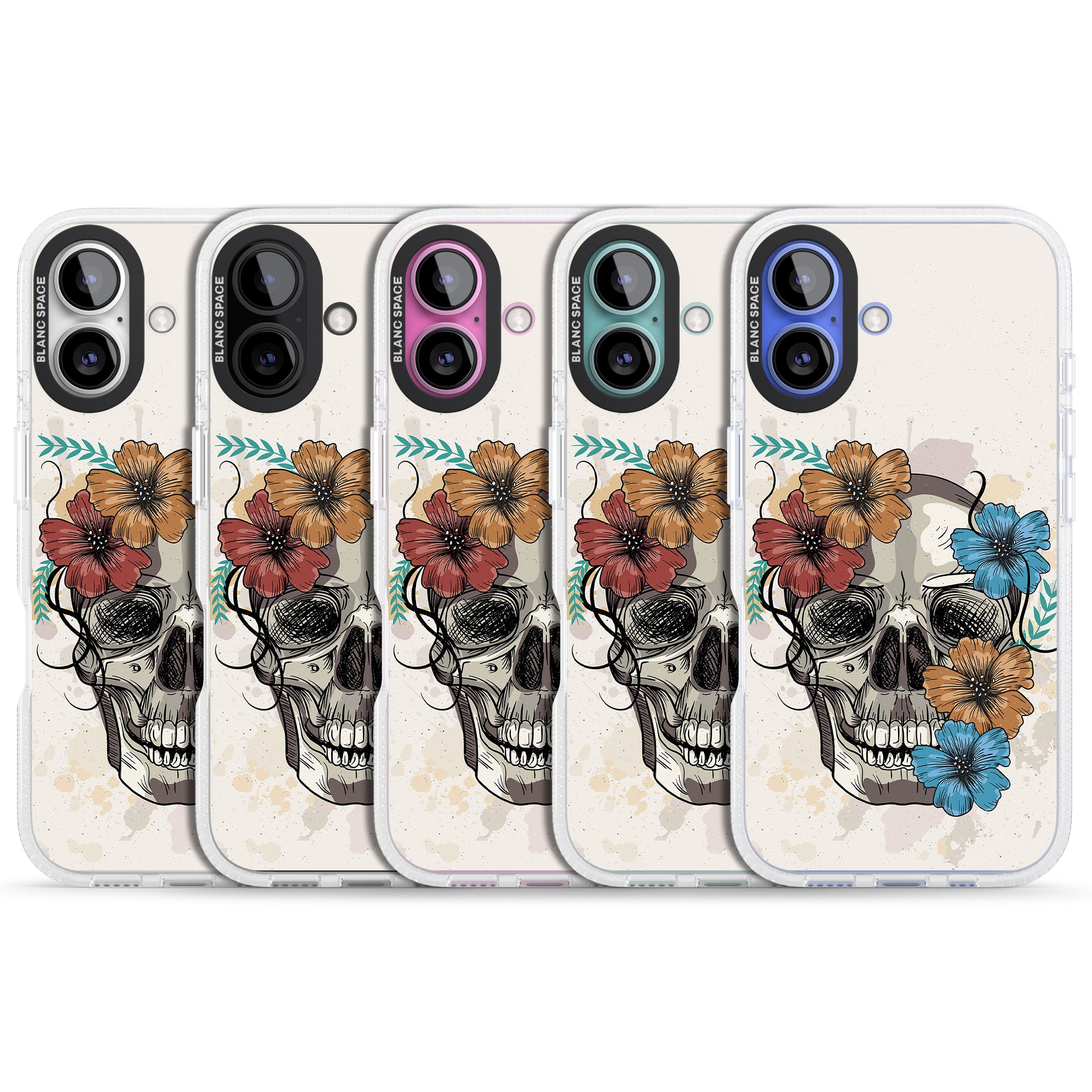 Sugar Skull Floral iPhone 16 / 16 Plus Clear Case Impact Air - Blanc Space