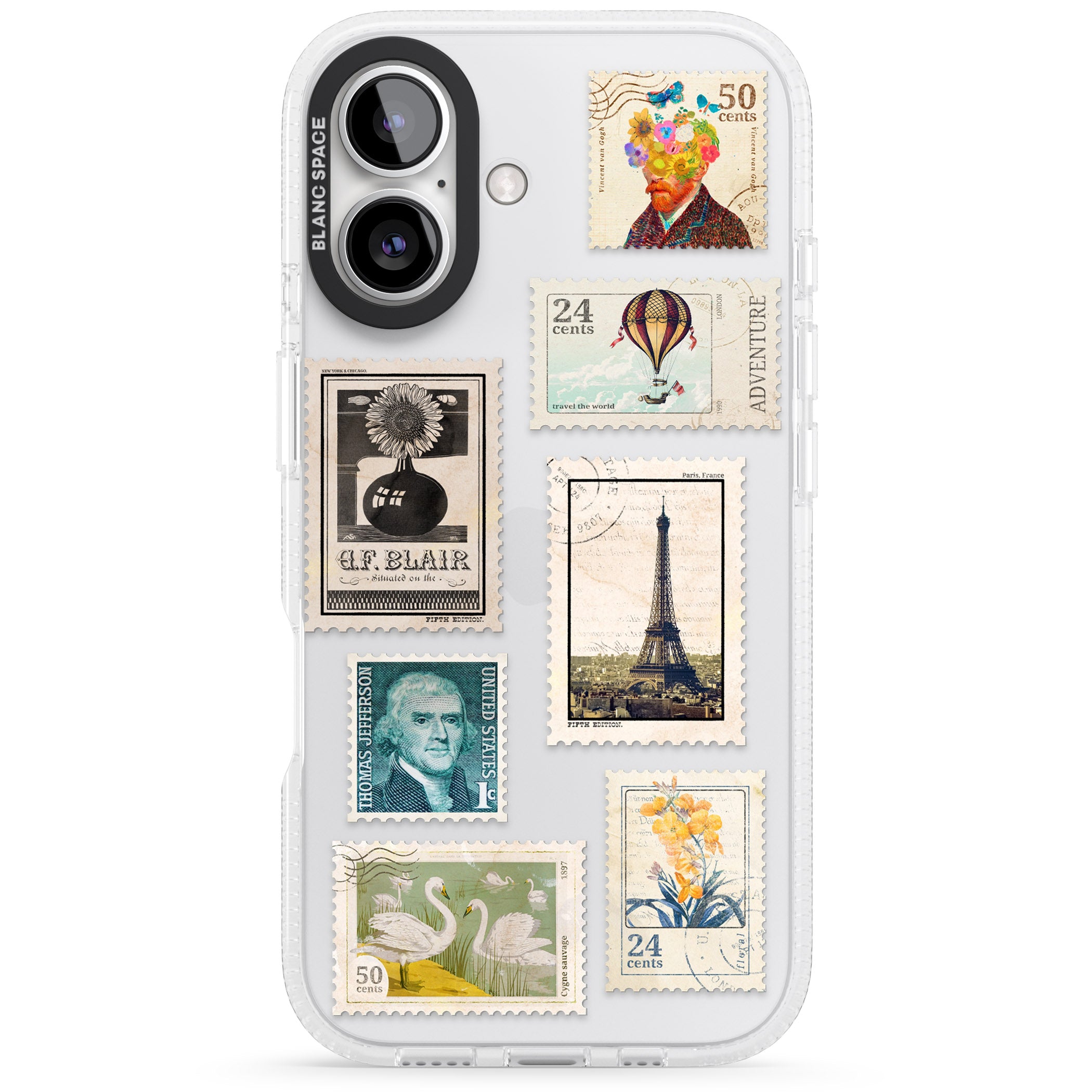 Vintage Stamps iPhone 16 / 16 Plus Clear Case Impact Air - Blanc Space