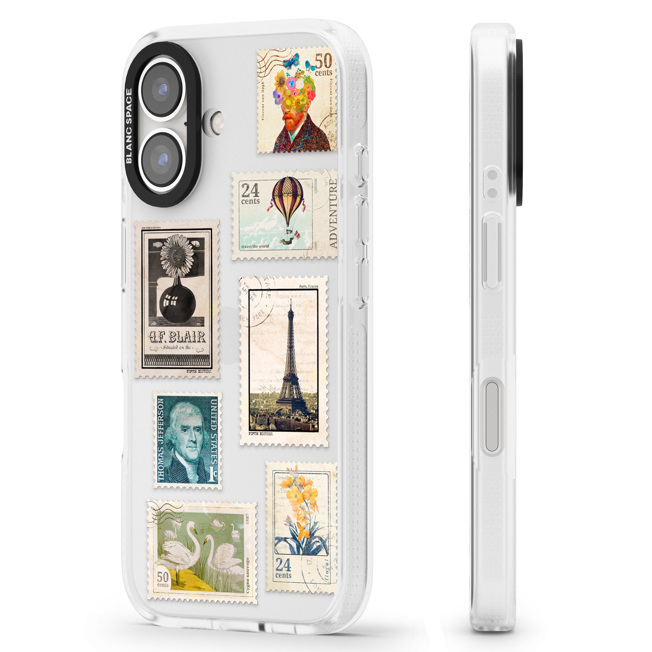 Vintage Stamps iPhone 16 / 16 Plus Clear Case Impact Air - Blanc Space