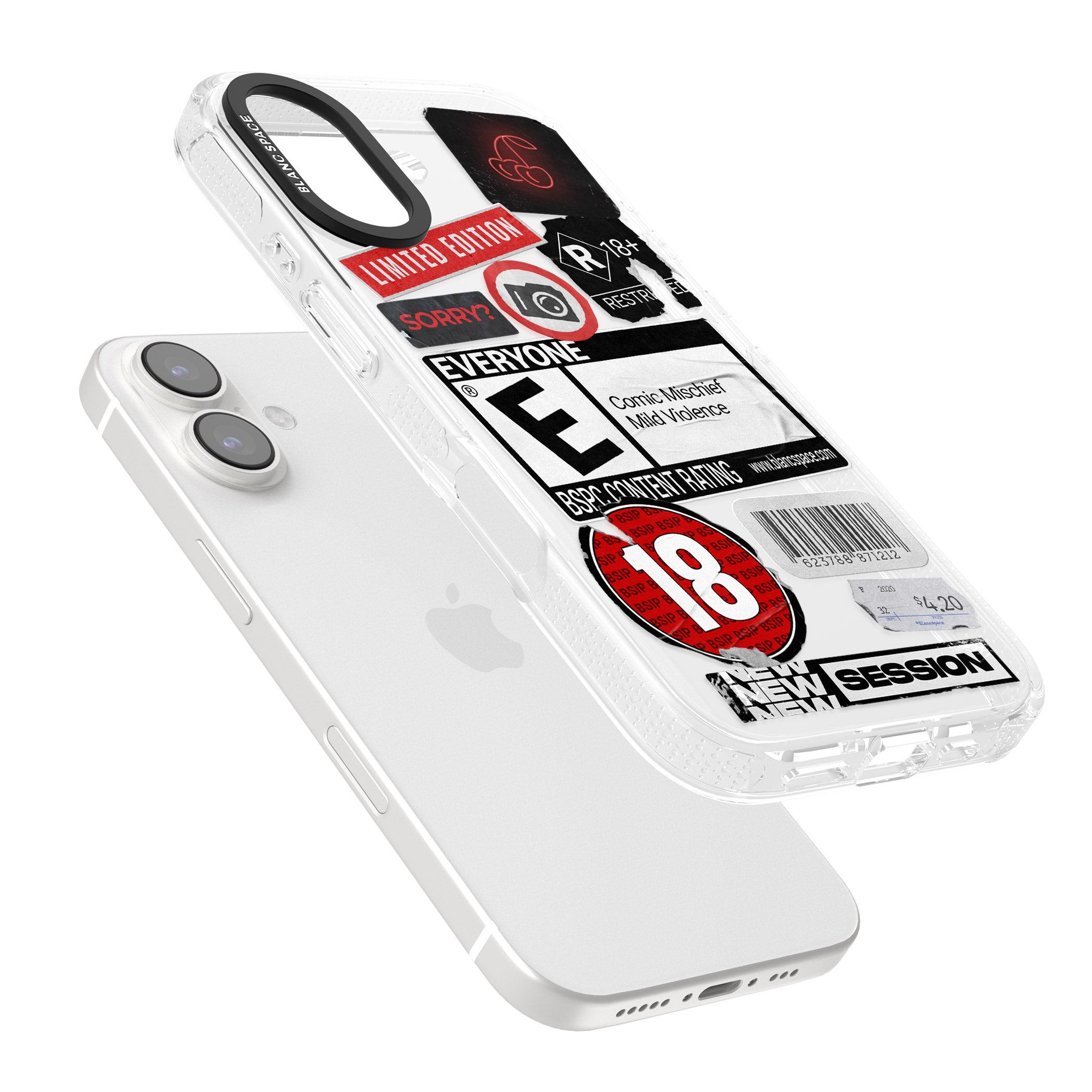 Rated 18+ Sticker Mix iPhone 16 / 16 Plus Clear Case Impact Air - Blanc Space