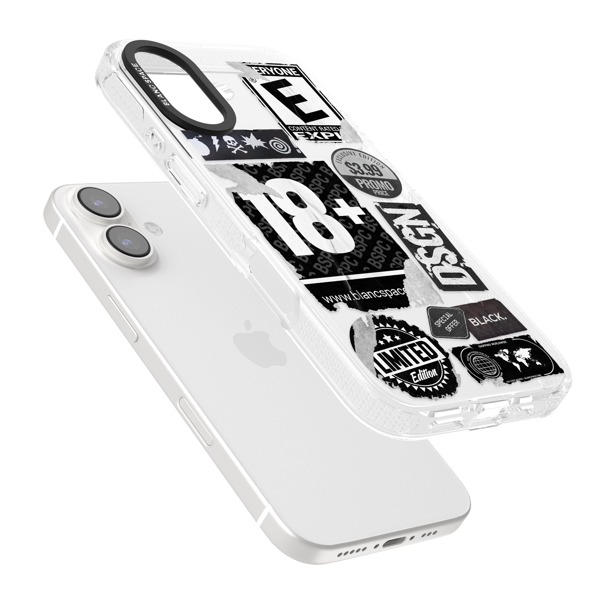 Black Sticker Mix iPhone 16 / 16 Plus Clear Case Impact Air - Blanc Space
