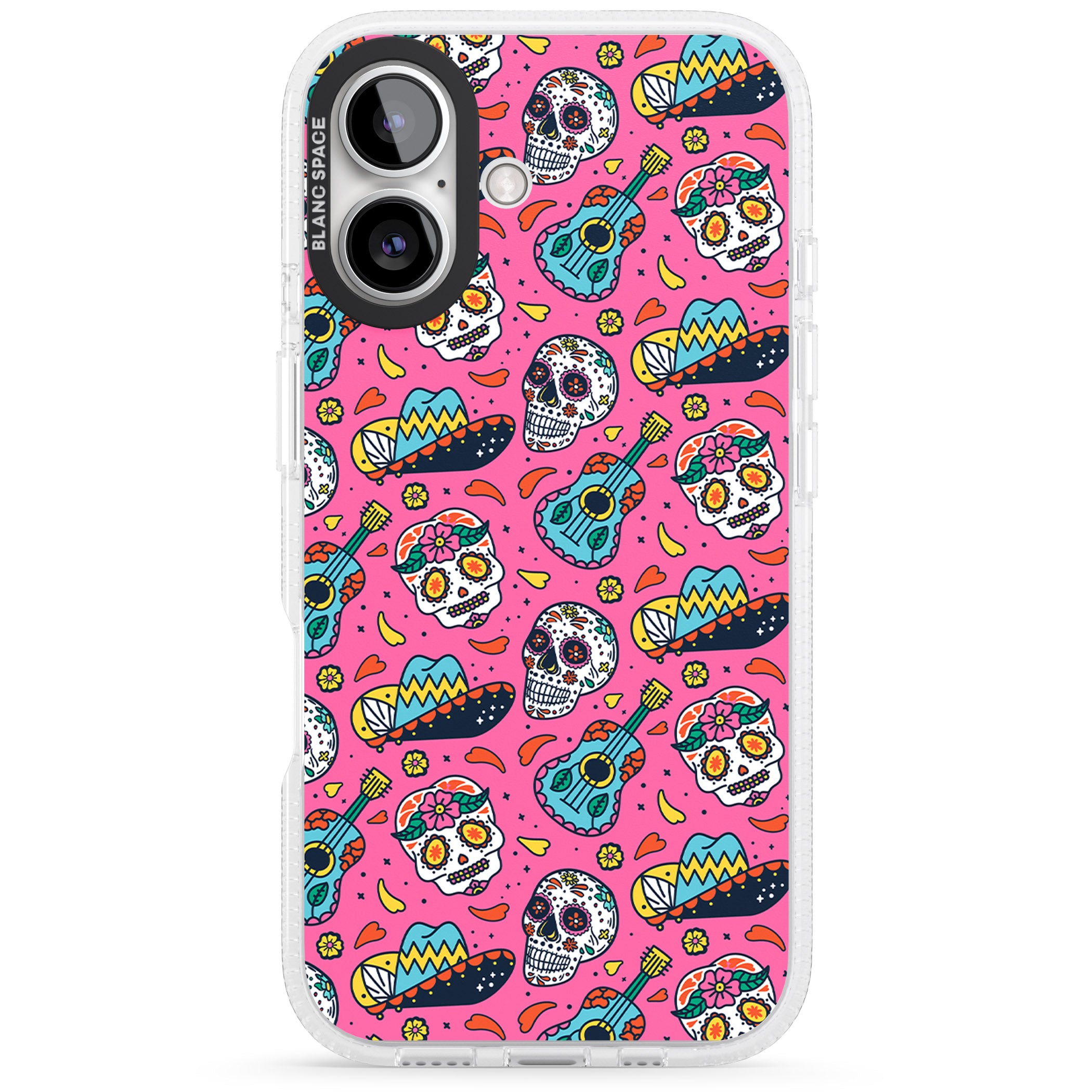 Pink Day of The Dead Pattern iPhone 16 / 16 Plus Clear Case Impact Air - Blanc Space