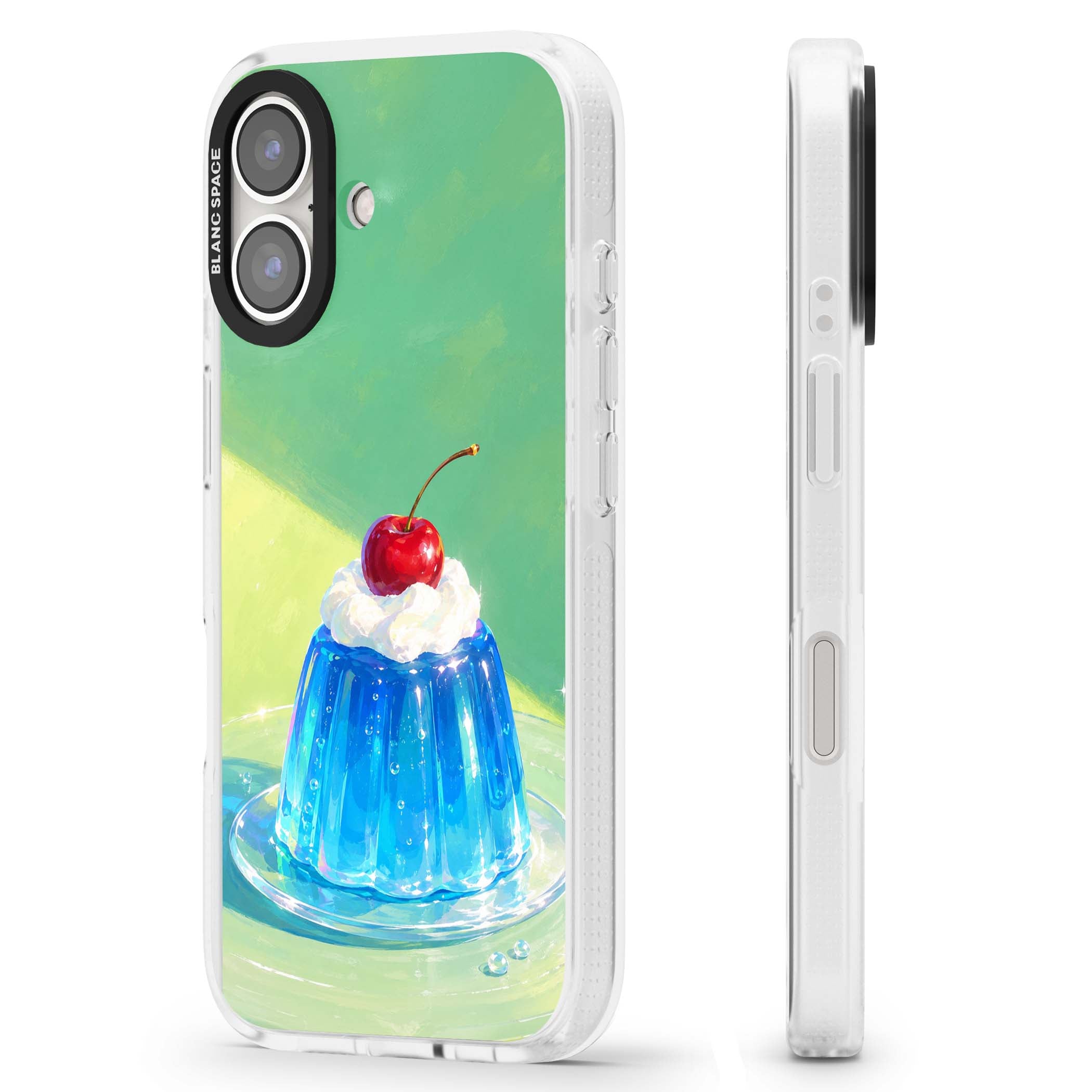 Cherry Jelly kawaii dessert iPhone case featuring blue jelly pudding, whipped cream and a red cherry | Clear Case Impact Air case for iPhone 16, iPhone 16 Plus