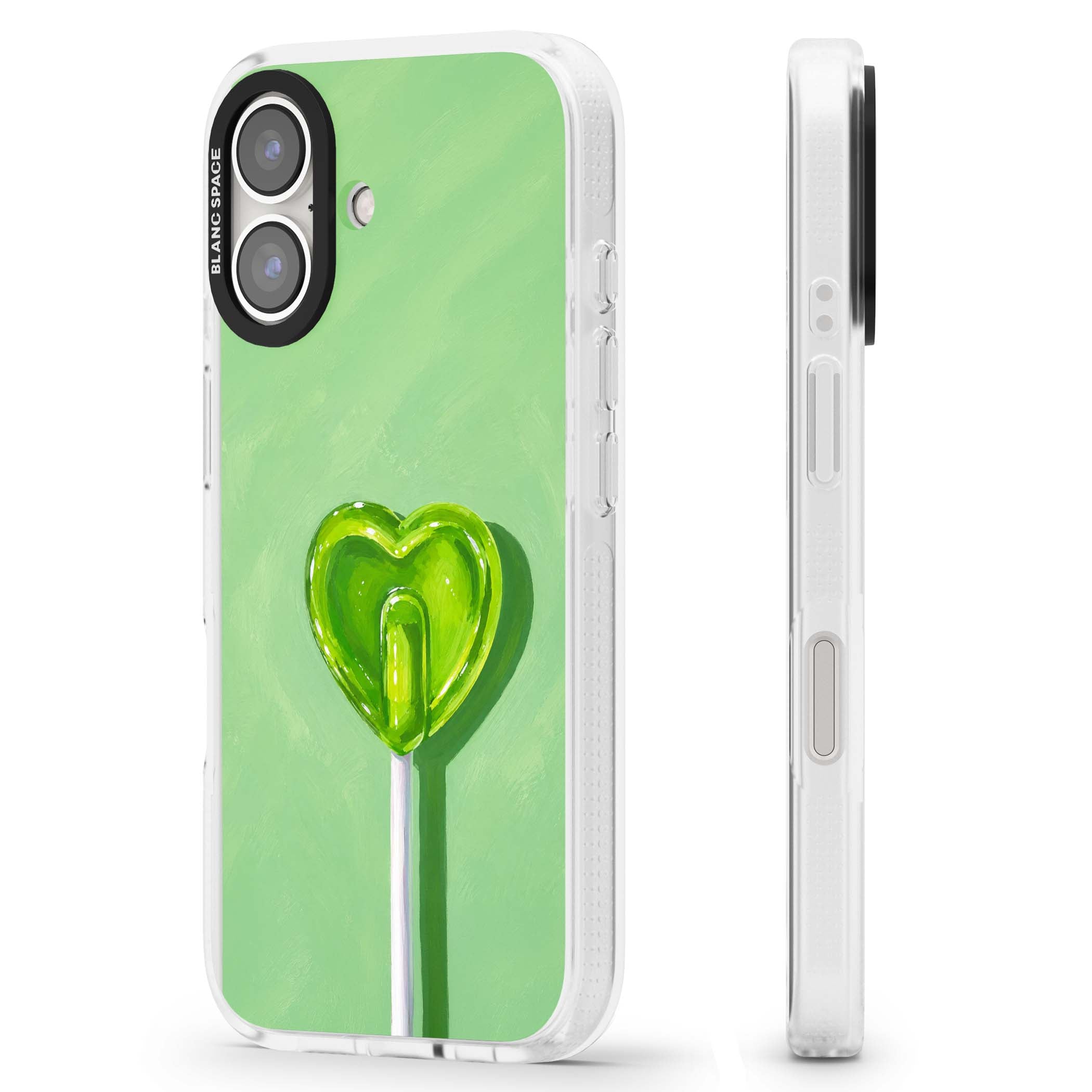 Green Lollipop candy art iPhone case featuring a glossy green heart-shaped lollipop on a painted pastel green background | Clear Case Impact Air case for iPhone 16, iPhone 16 Plus