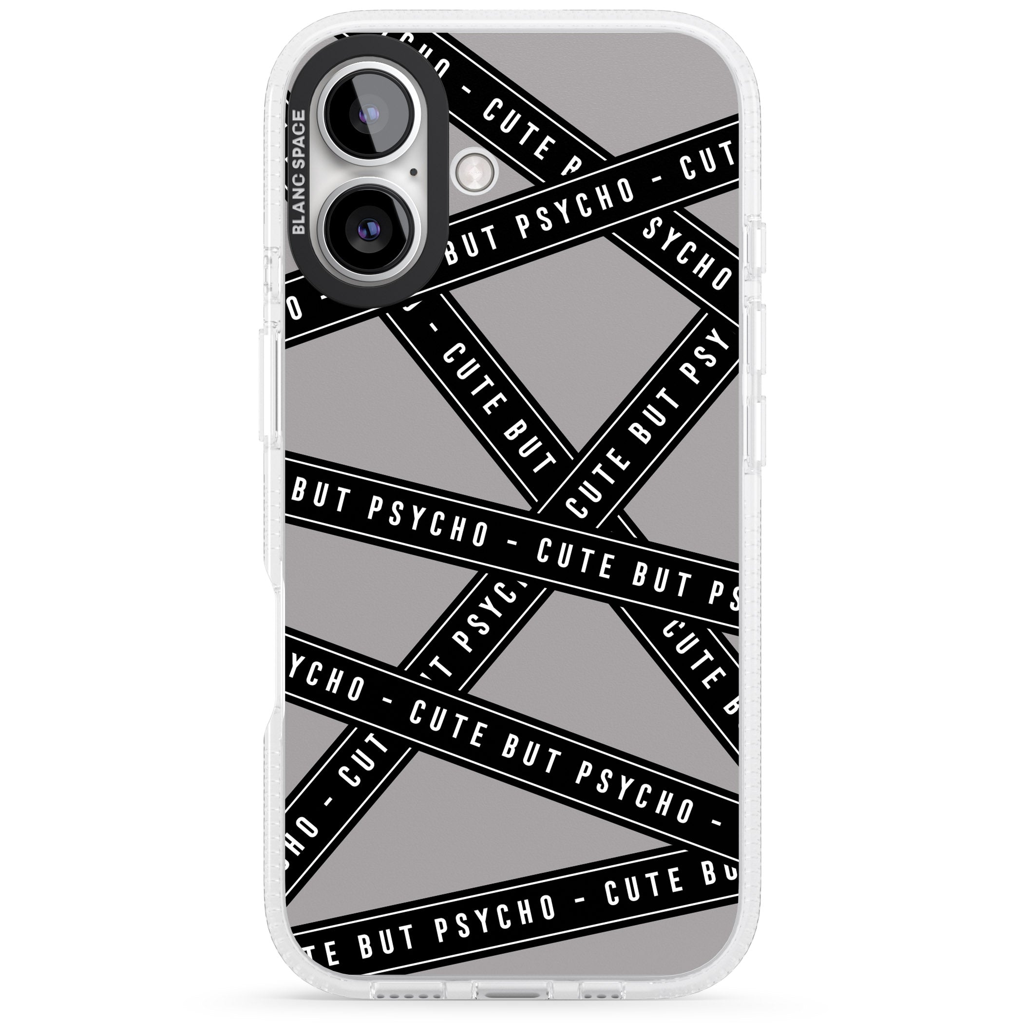 Caution Tape Phrases Cute But Psycho iPhone 16 / 16 Plus Clear Case Impact Air - Blanc Space