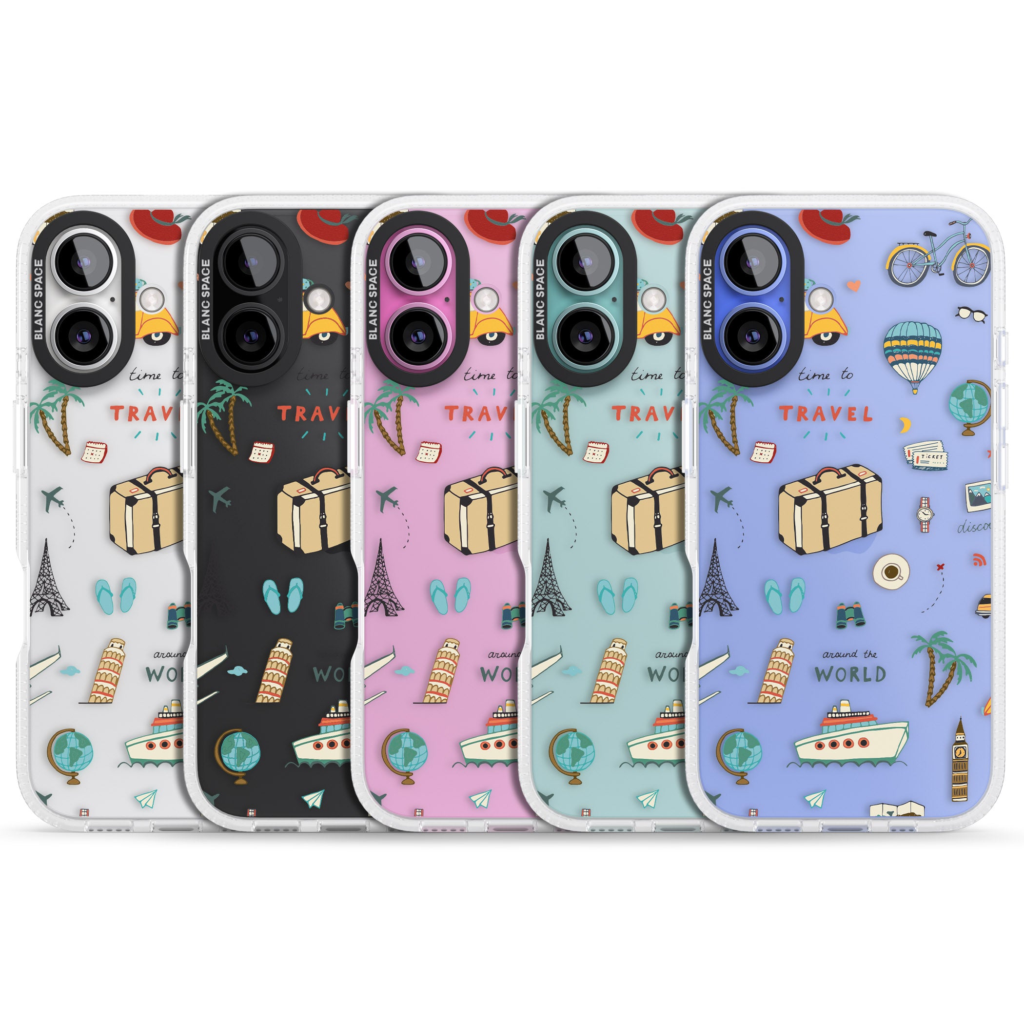 Cute Travel Pattern Transparent iPhone 16 / 16 Plus Clear Case Impact Air - Blanc Space