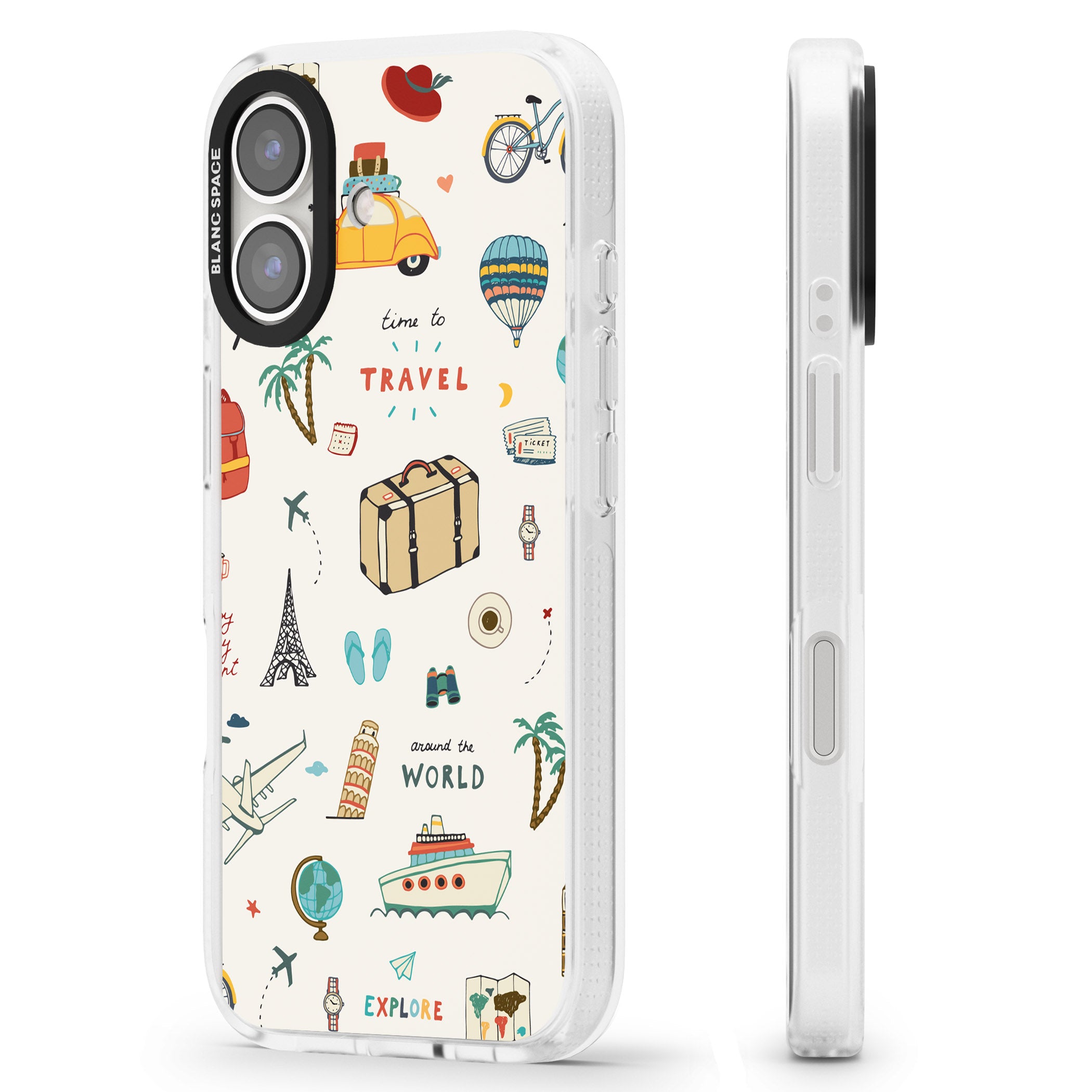 Cute Travel Pattern Cream iPhone 16 / 16 Plus Clear Case Impact Air - Blanc Space