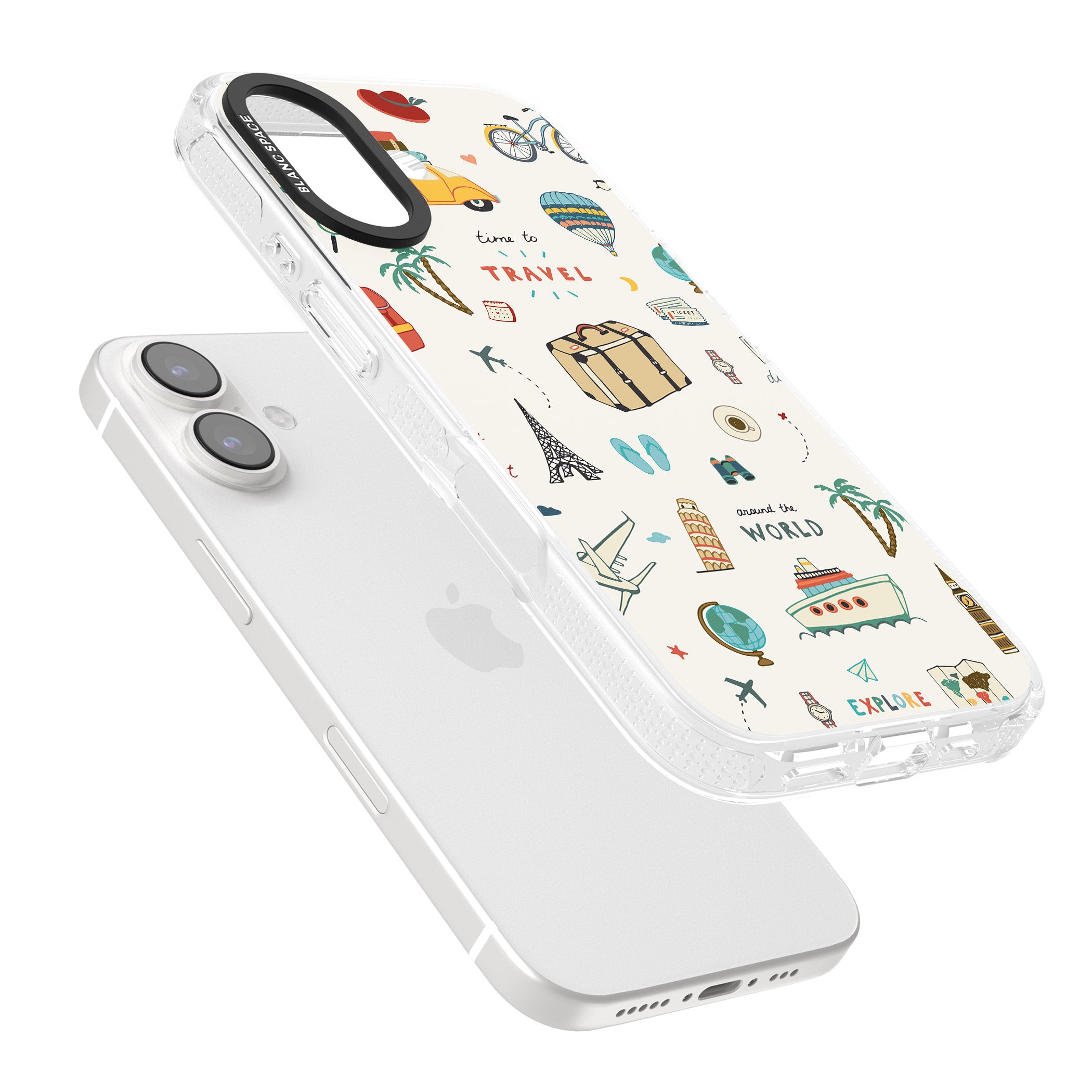 Cute Travel Pattern Cream iPhone 16 / 16 Plus Clear Case Impact Air - Blanc Space