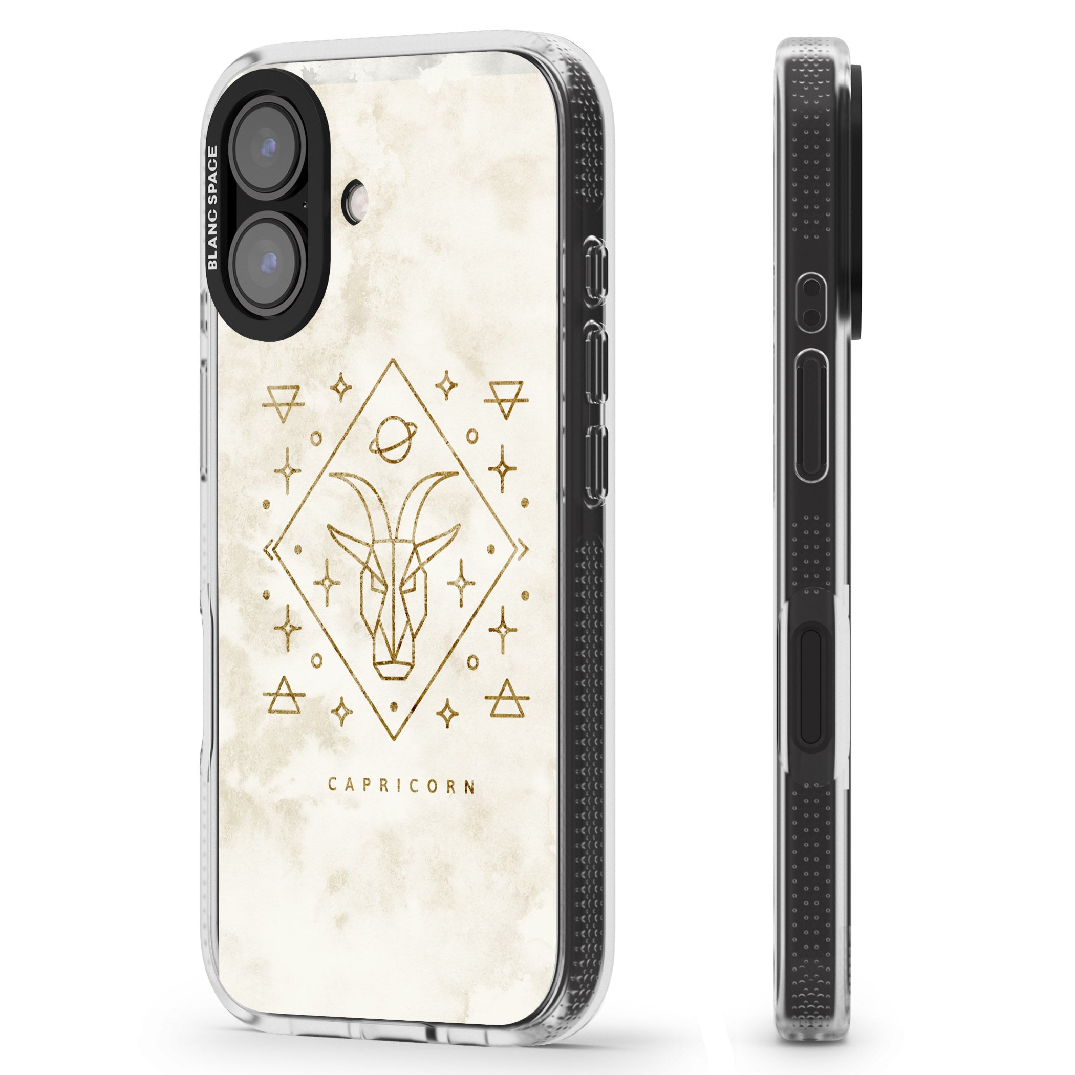 Capricorn Emblem - Solid Gold Marbled Design iPhone 16 / 16 Plus Clear Case Impact Air - Blanc Space