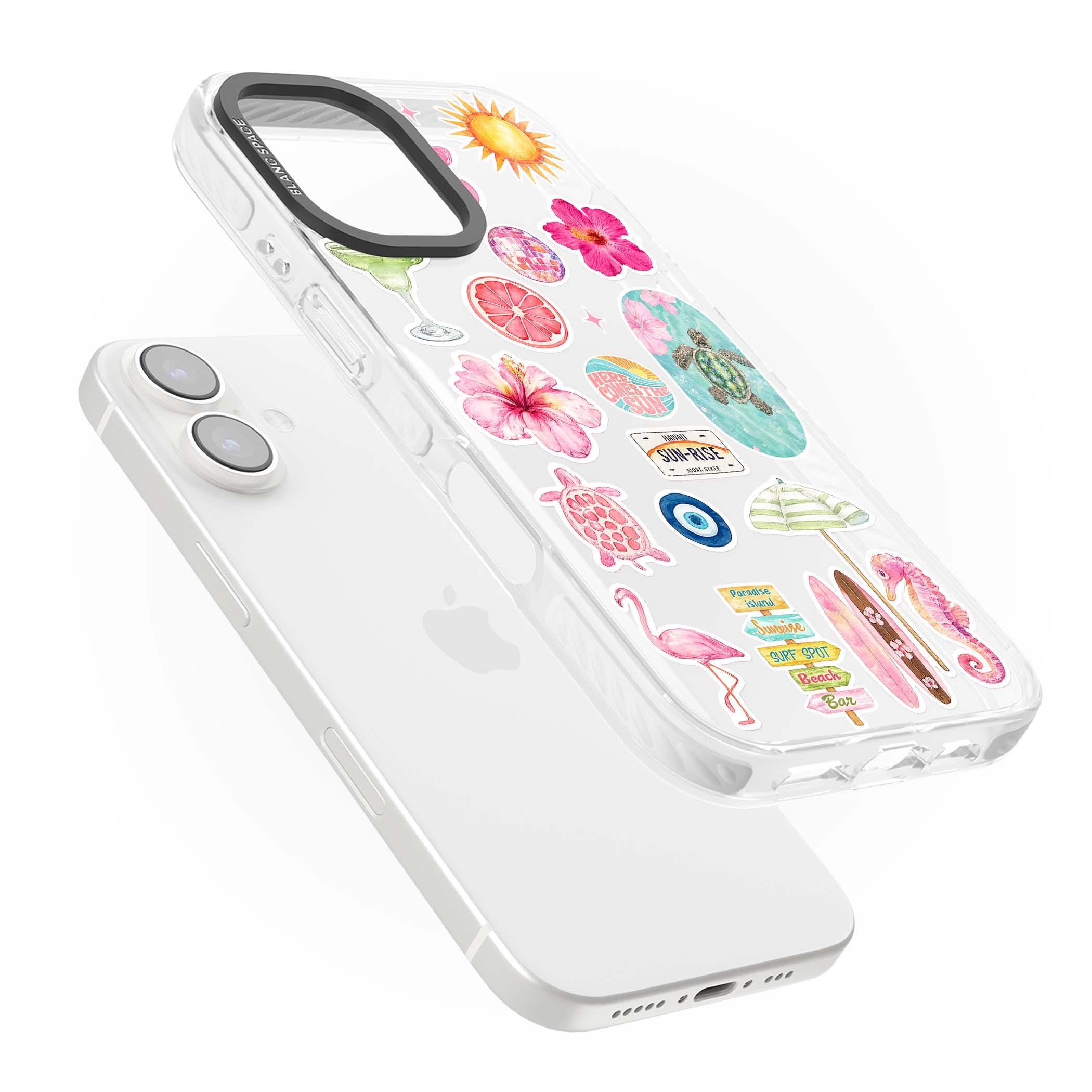 Aloha Sticker Mix tropical summer iPhone case featuring pink hibiscus, sea turtles, flamingo and beach umbrella stickers | Clear Impact case for iPhone 16, iPhone 16 Plus