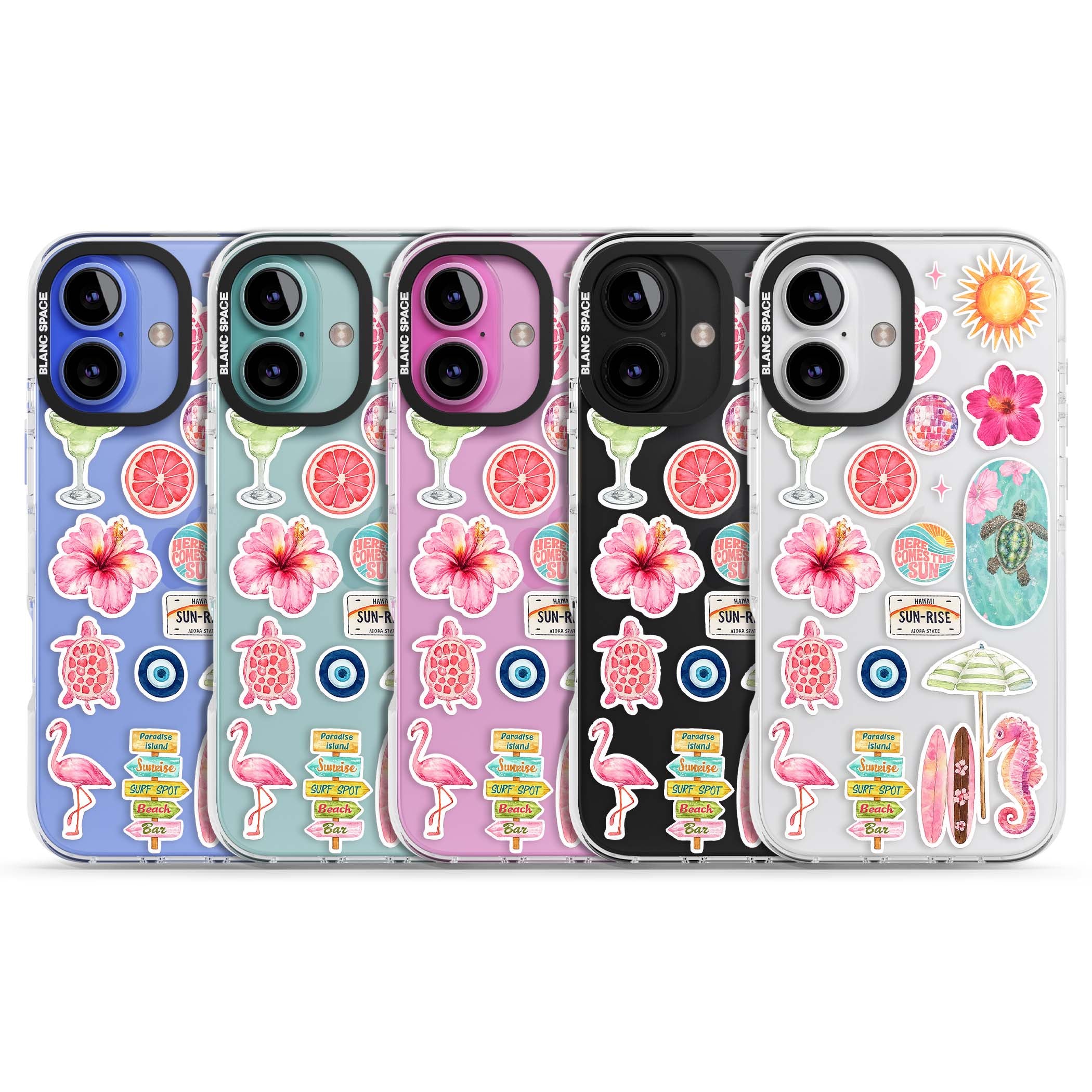 Aloha Sticker Mix tropical summer iPhone case featuring pink hibiscus, sea turtles, flamingo and beach umbrella stickers | Clear Impact case for iPhone 16, iPhone 16 Plus