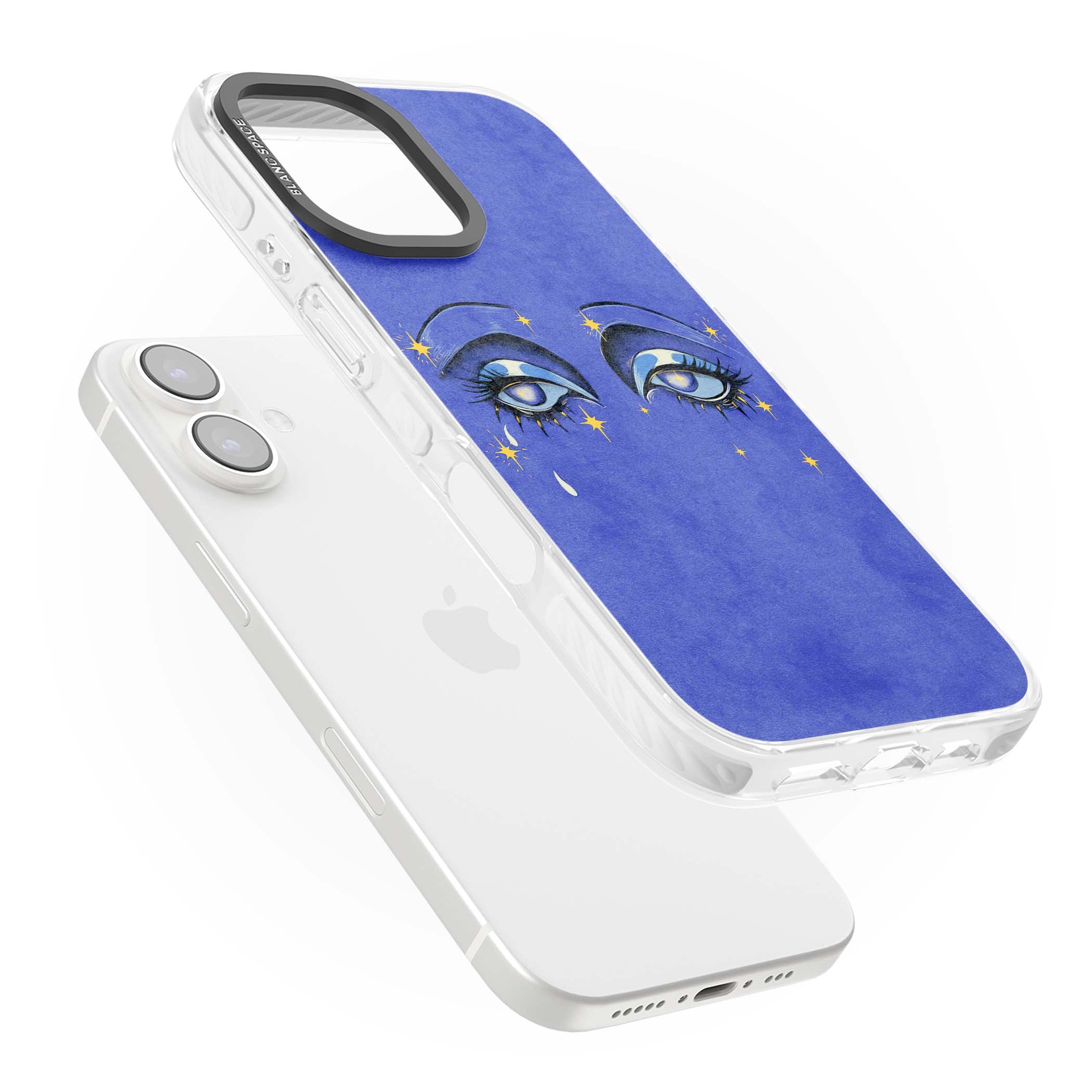 Blue Mystic Eyes celestial iPhone case featuring hand drawn blue mystical eyes, golden stars and a painted tear on indigo | Clear Impact case for iPhone 16, iPhone 16 Plus