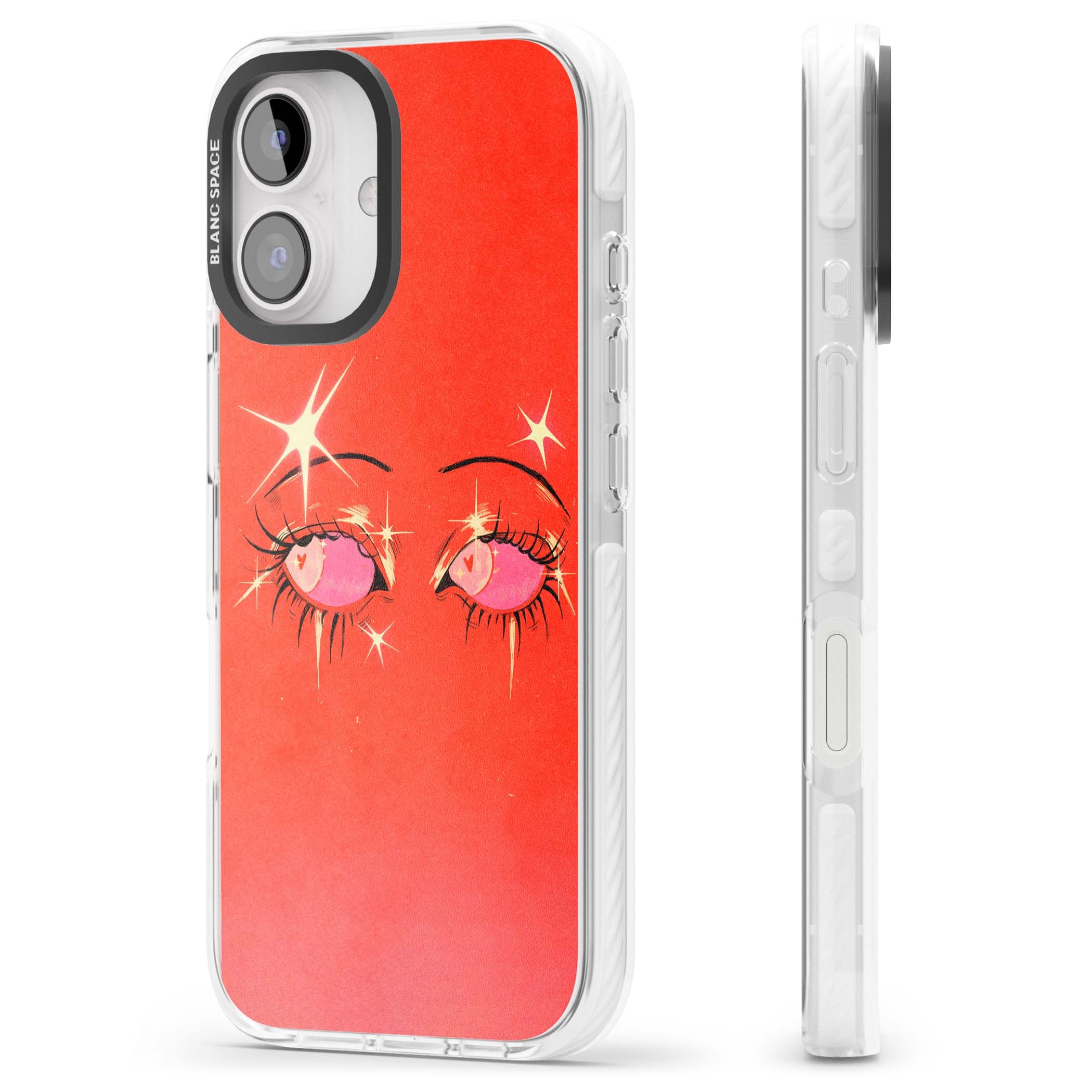 Pink Ethereal Eyes anime iPhone case featuring hand-drawn sparkly eyes with pink hearts and gold stars on red | Clear Impact case for iPhone 16, iPhone 16 Plus