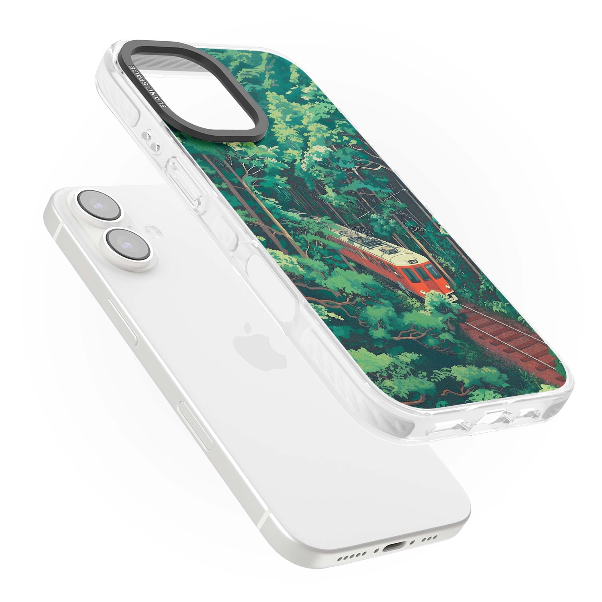 Railway In Toyama Japanese iPhone case featuring a red train, cedar forest and winding mountain railway tracks | Clear Impact case for iPhone 16, iPhone 16 Plus