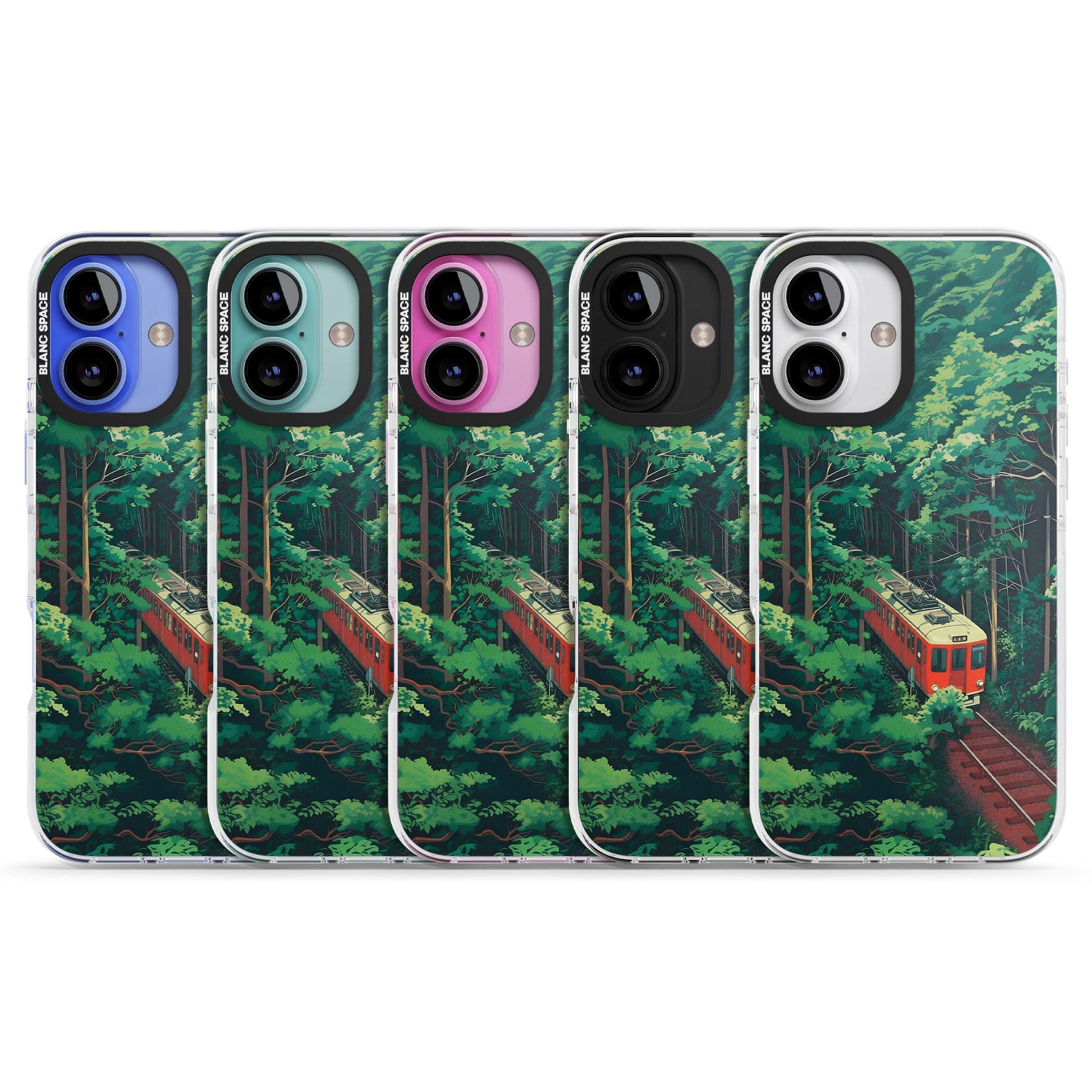 Railway In Toyama Japanese iPhone case featuring a red train, cedar forest and winding mountain railway tracks | Clear Impact case for iPhone 16, iPhone 16 Plus