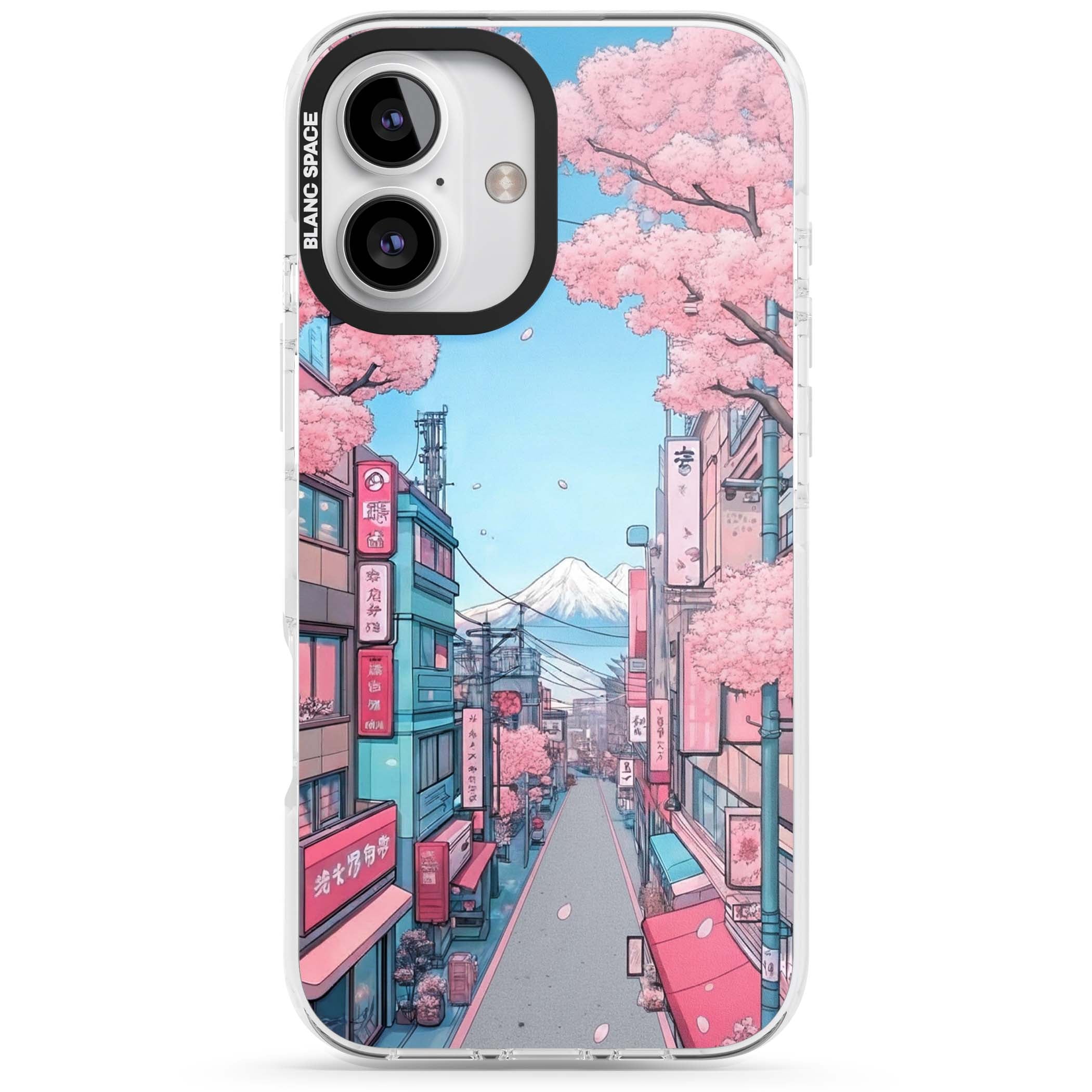Sakura Lane anime iPhone case featuring Tokyo street scene with cherry blossoms and Mount Fuji | Clear Impact case for iPhone 16, iPhone 16 Plus