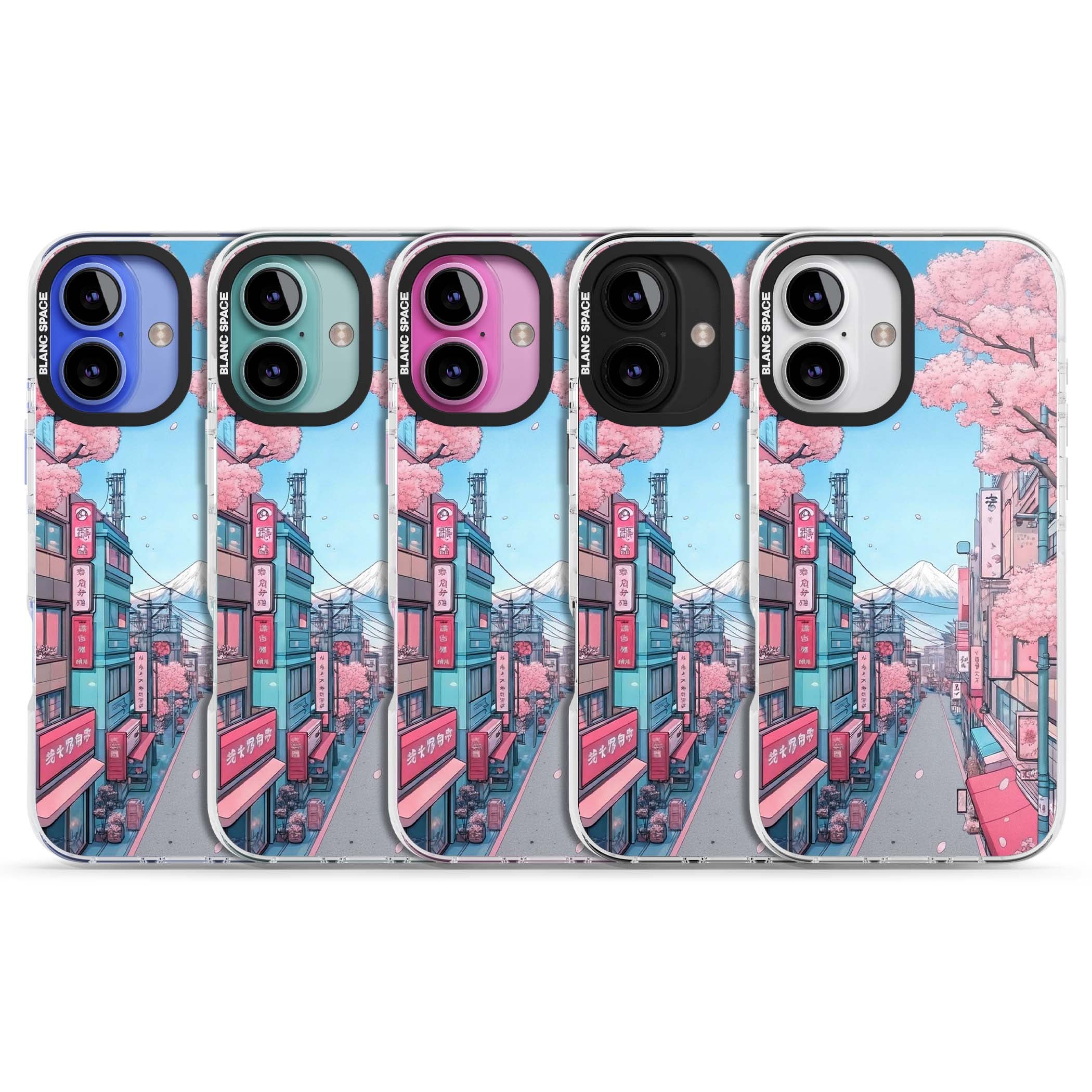 Sakura Lane anime iPhone case featuring Tokyo street scene with cherry blossoms and Mount Fuji | Clear Impact case for iPhone 16, iPhone 16 Plus